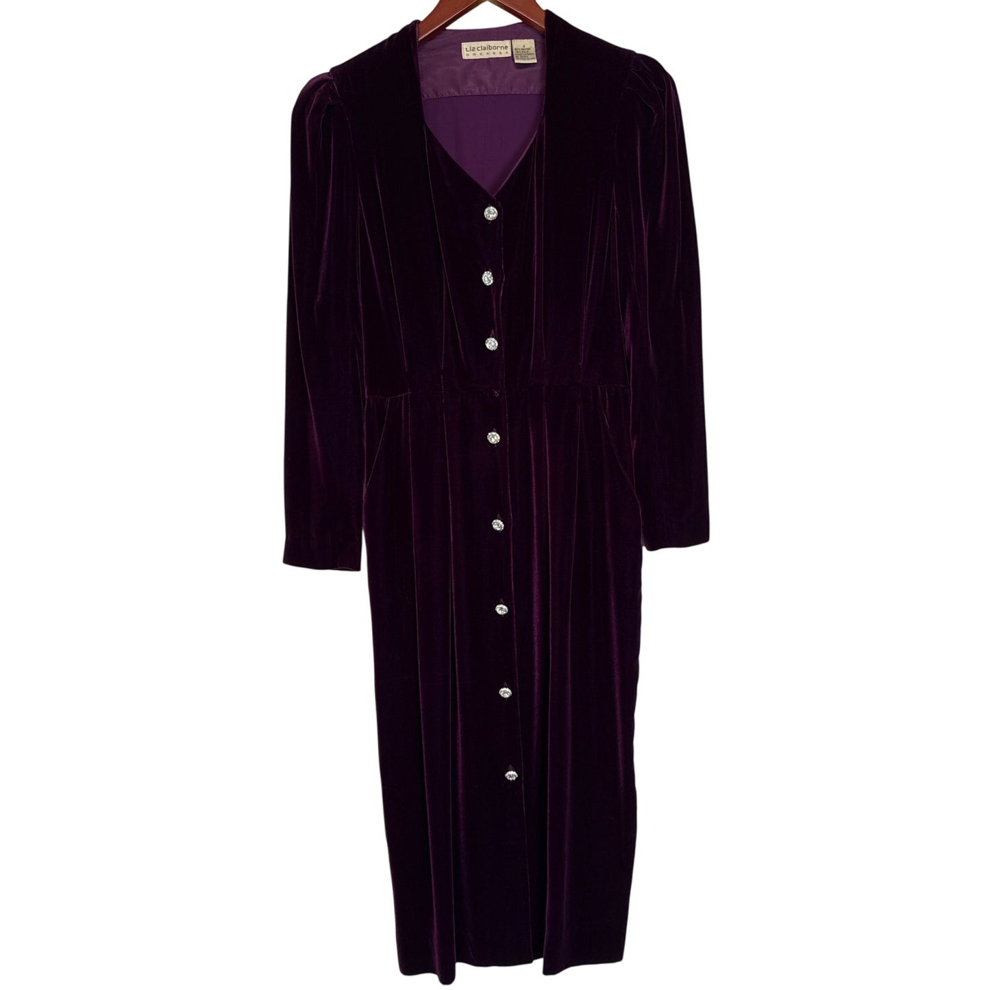 Vintage Liz Claiborne Purple Rayon Silk Midi Dress Rhinestone Buttons Pockets V-Neck M