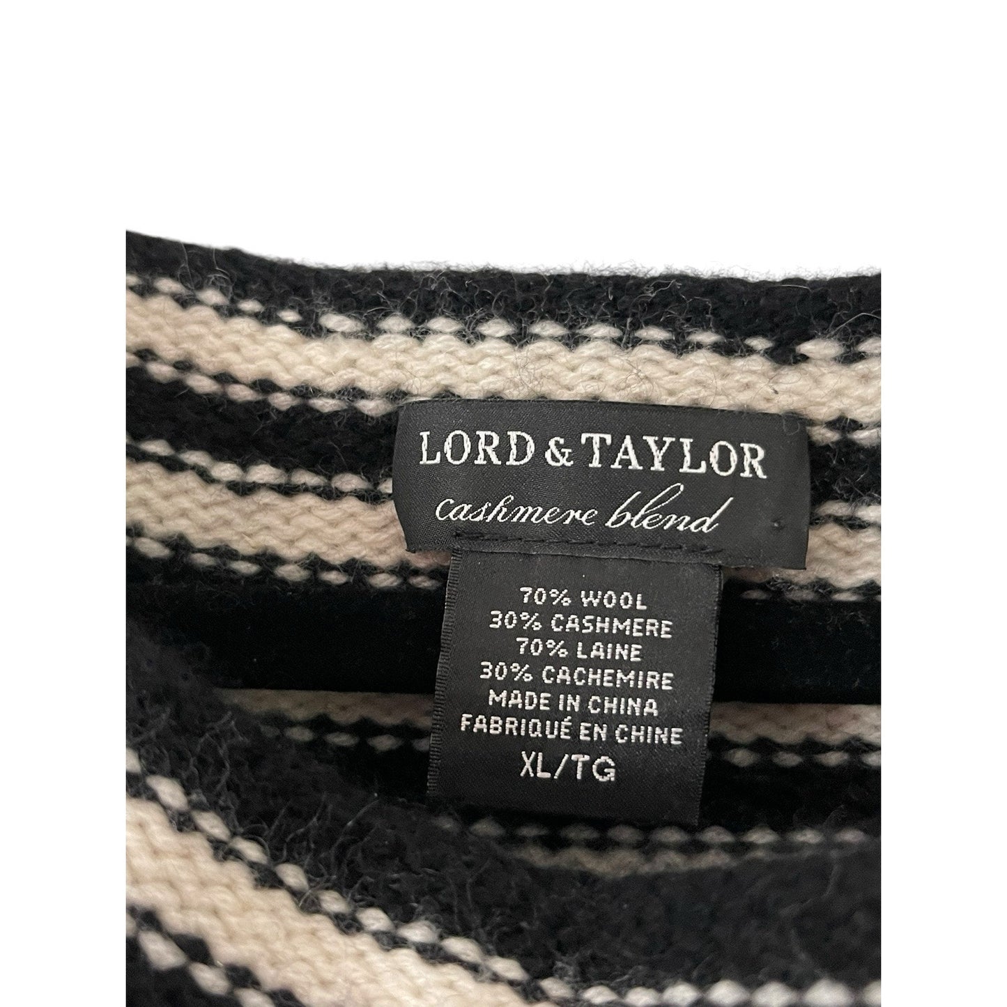 Lord & Taylor Cashmere Blend Striped Knit Sweater – Black & Cream – Size XL