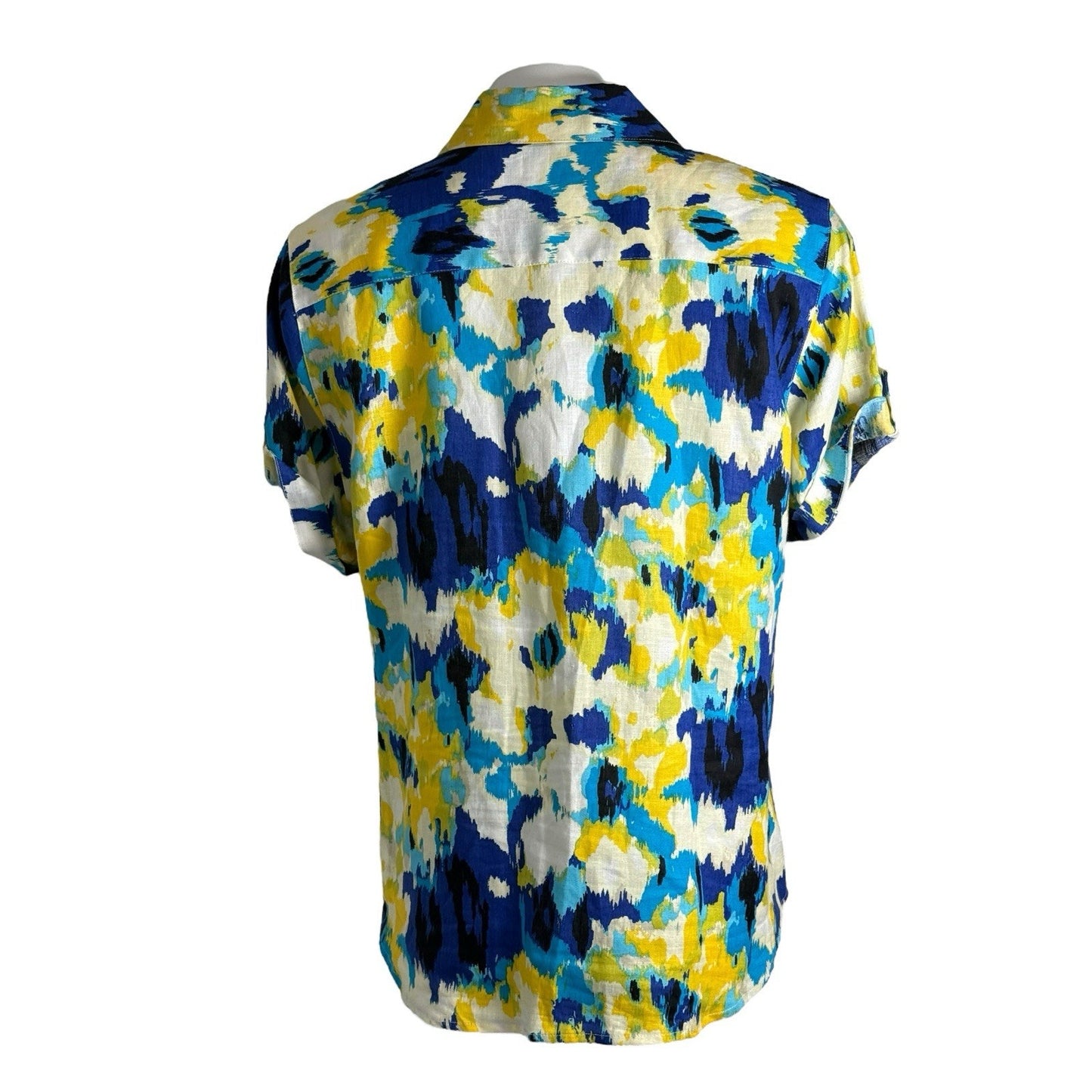 Kim Rogers Women Sz XL 100% Linen Button Front Shirt Blouse Blue Yellow Print