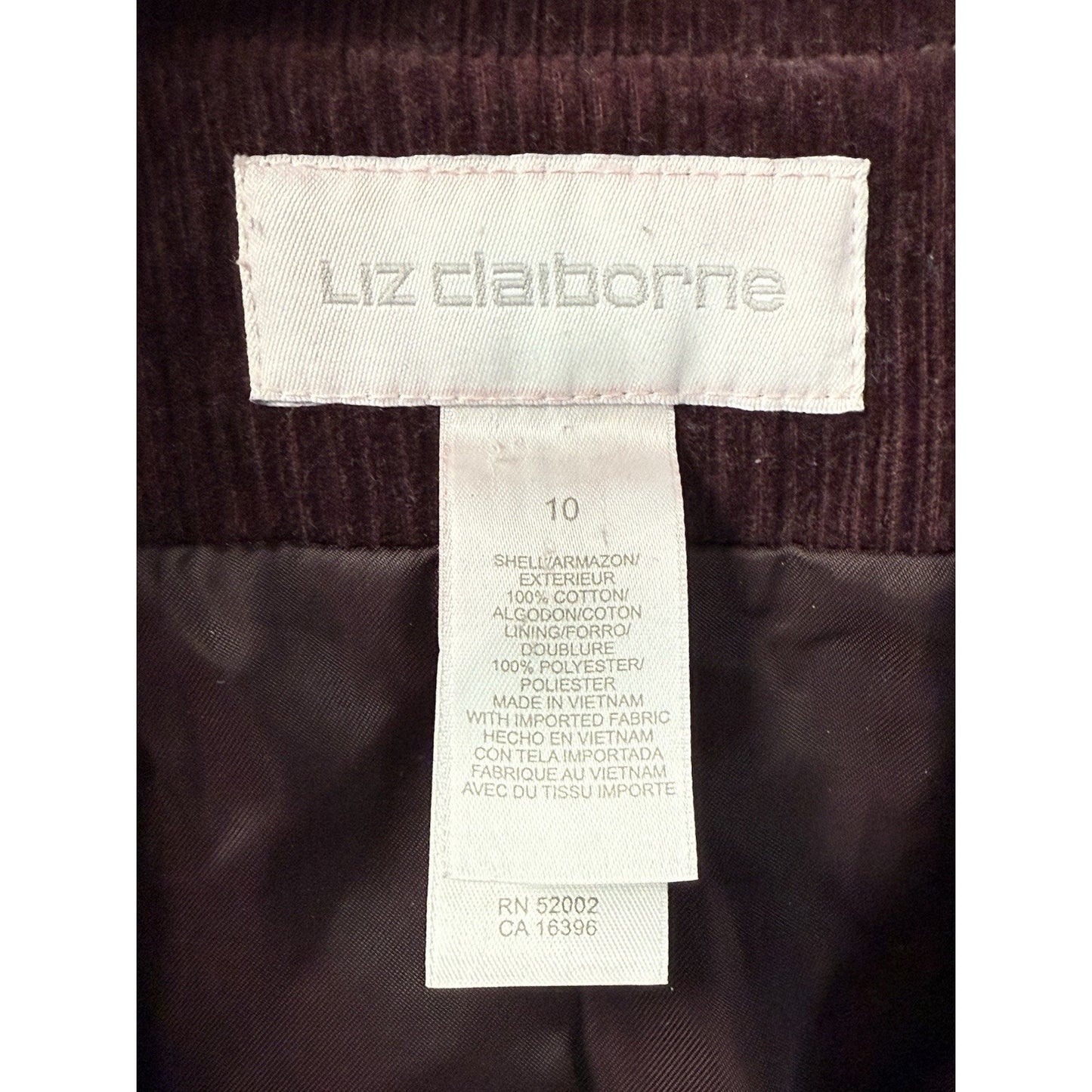 Women Liz Claiborne Corduroy Blazer Jacket Size 10 Burgundy Lined Cotton Casual