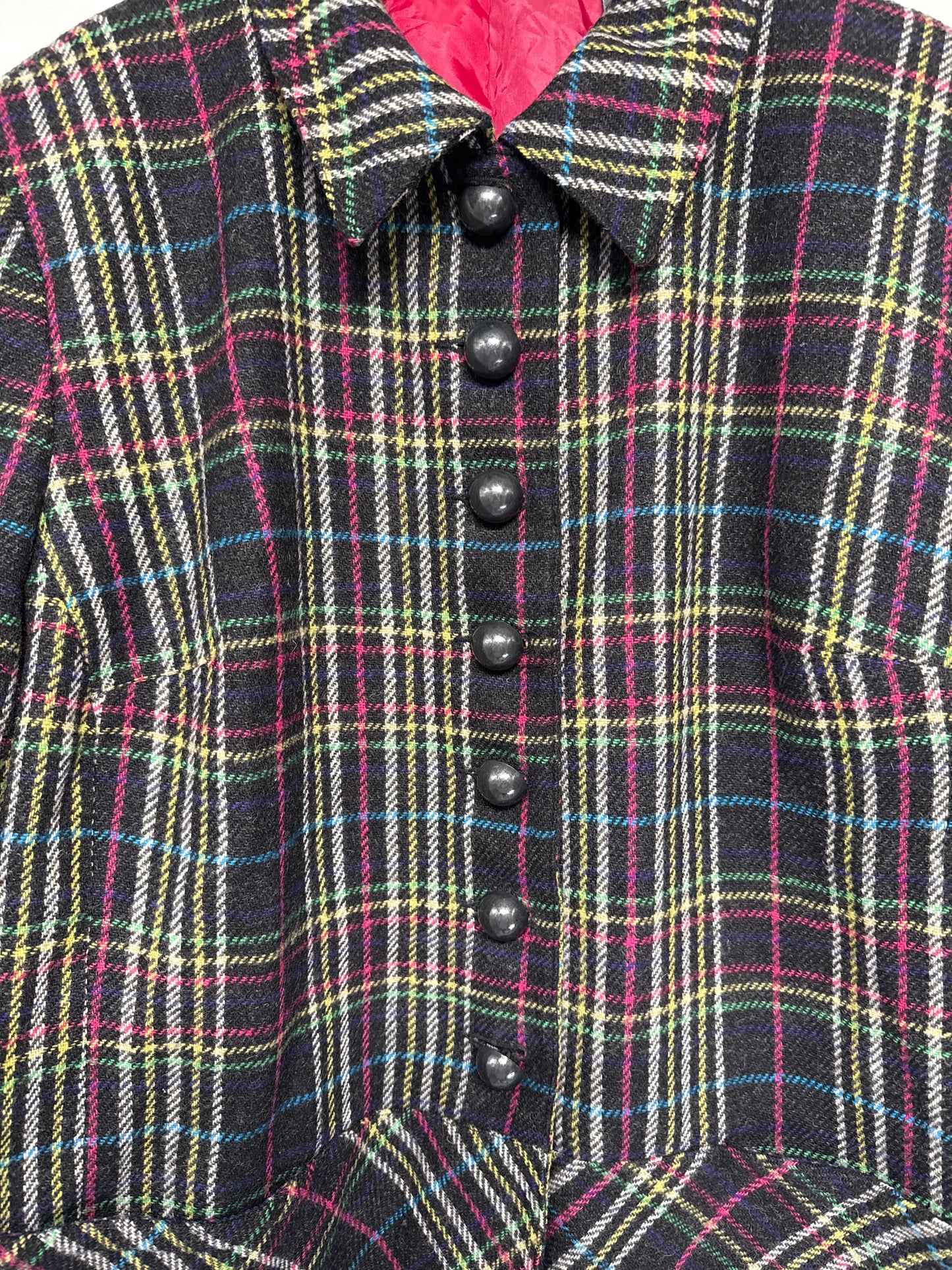 Liz Claiborne Multicolor Plaid Wool Jacket – Size 14W, Pink Lining, Black Buttons