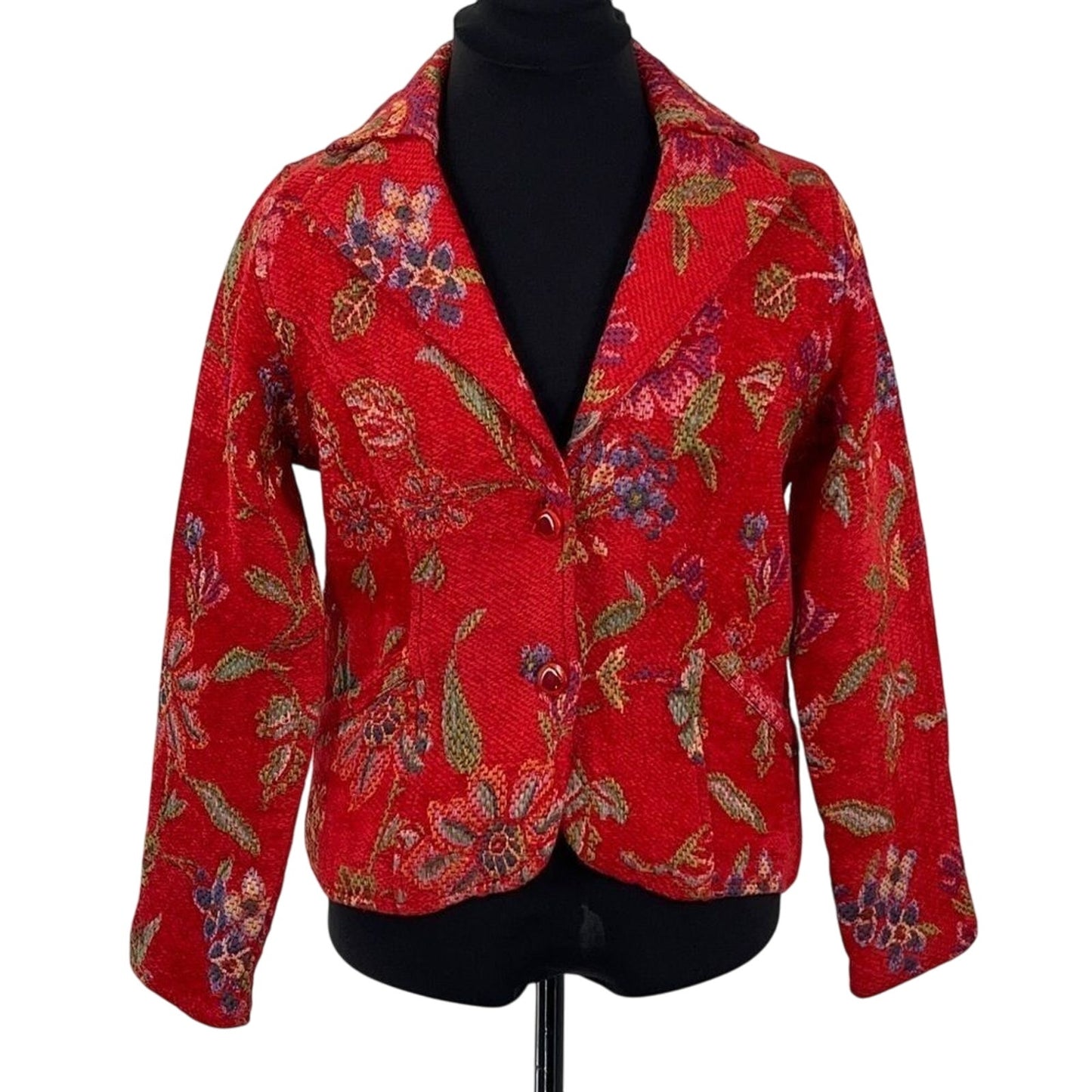 Parsley & Sage Boho Artsy Floral Jacket Red Woven Texture Button Front SZ Small