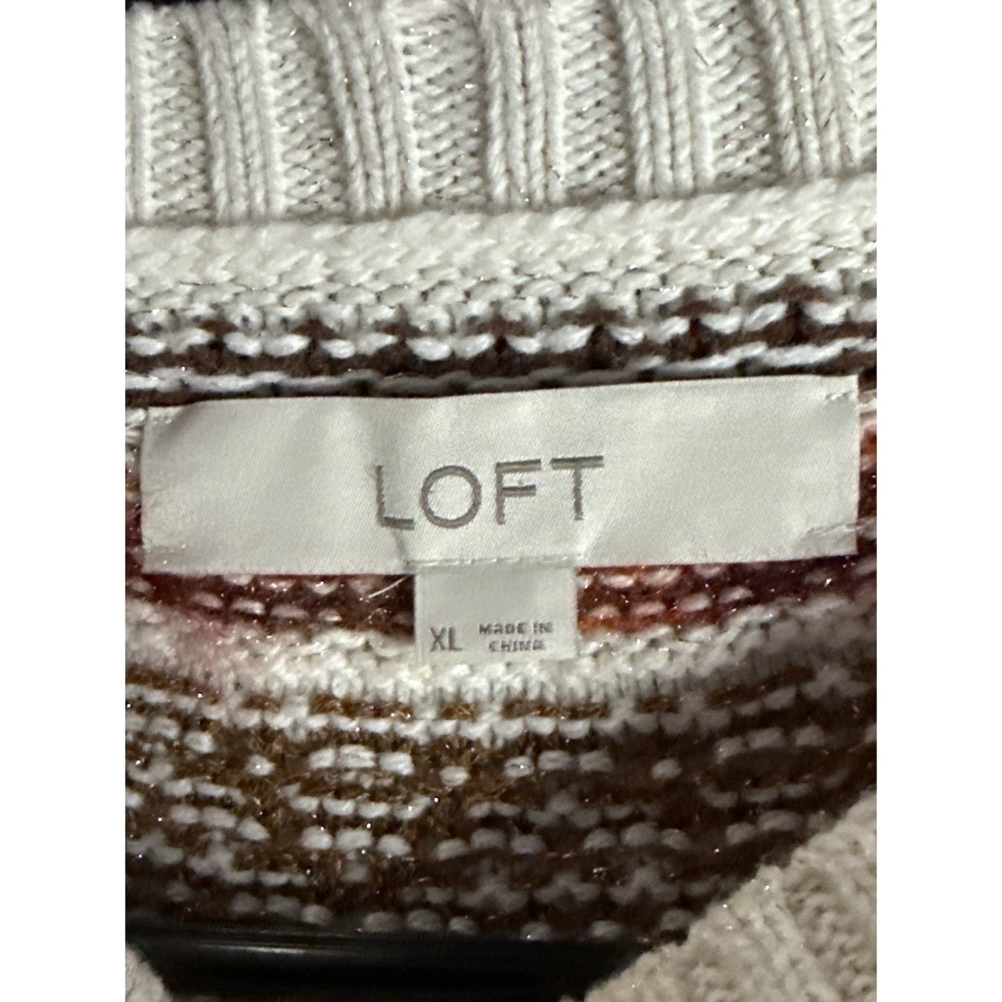 LOFT Fair Isle Knit Sweater XL Cream Brown Pullover Winter Holiday Cozy Warm