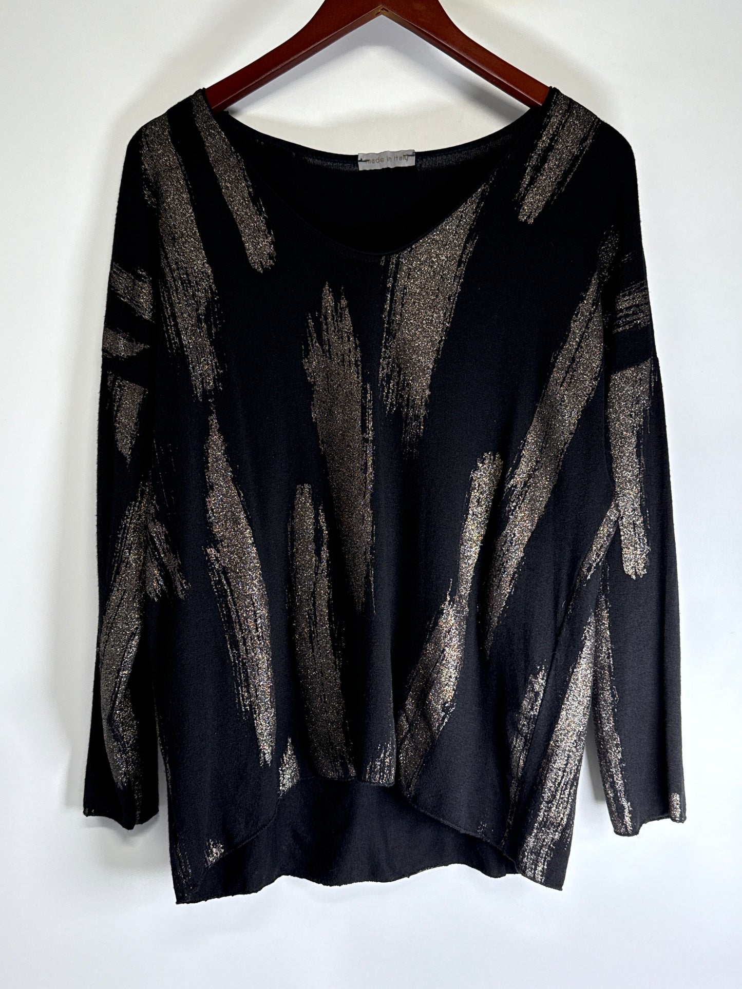 Made in Italy Black Angora Blend Sweater Top with Bronze Brushstroke Print – High Low Pullover