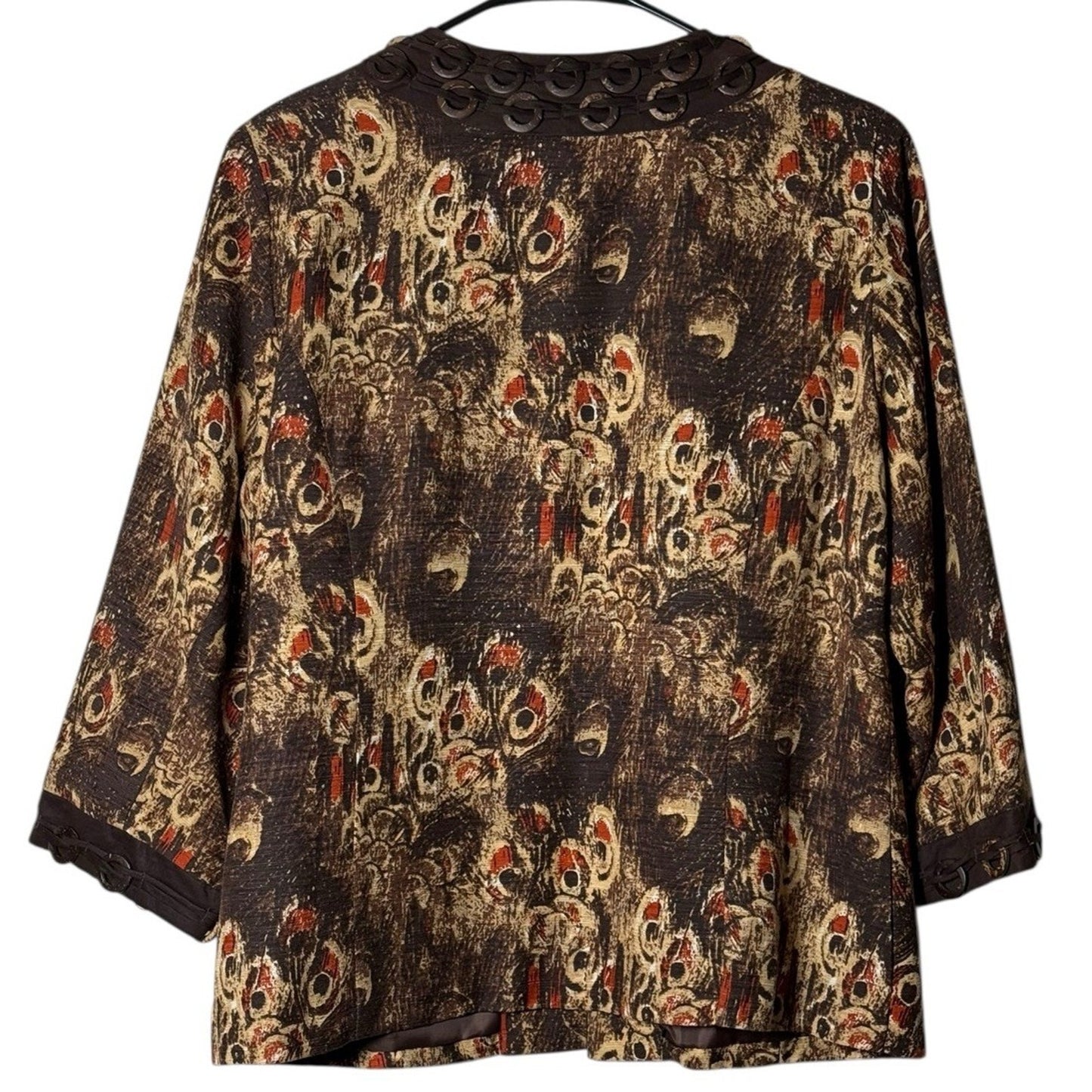 Women’s Trenz Silk Blend Jacket M Brown Art Print 3/4 Sleeve Beaded Trim Boho