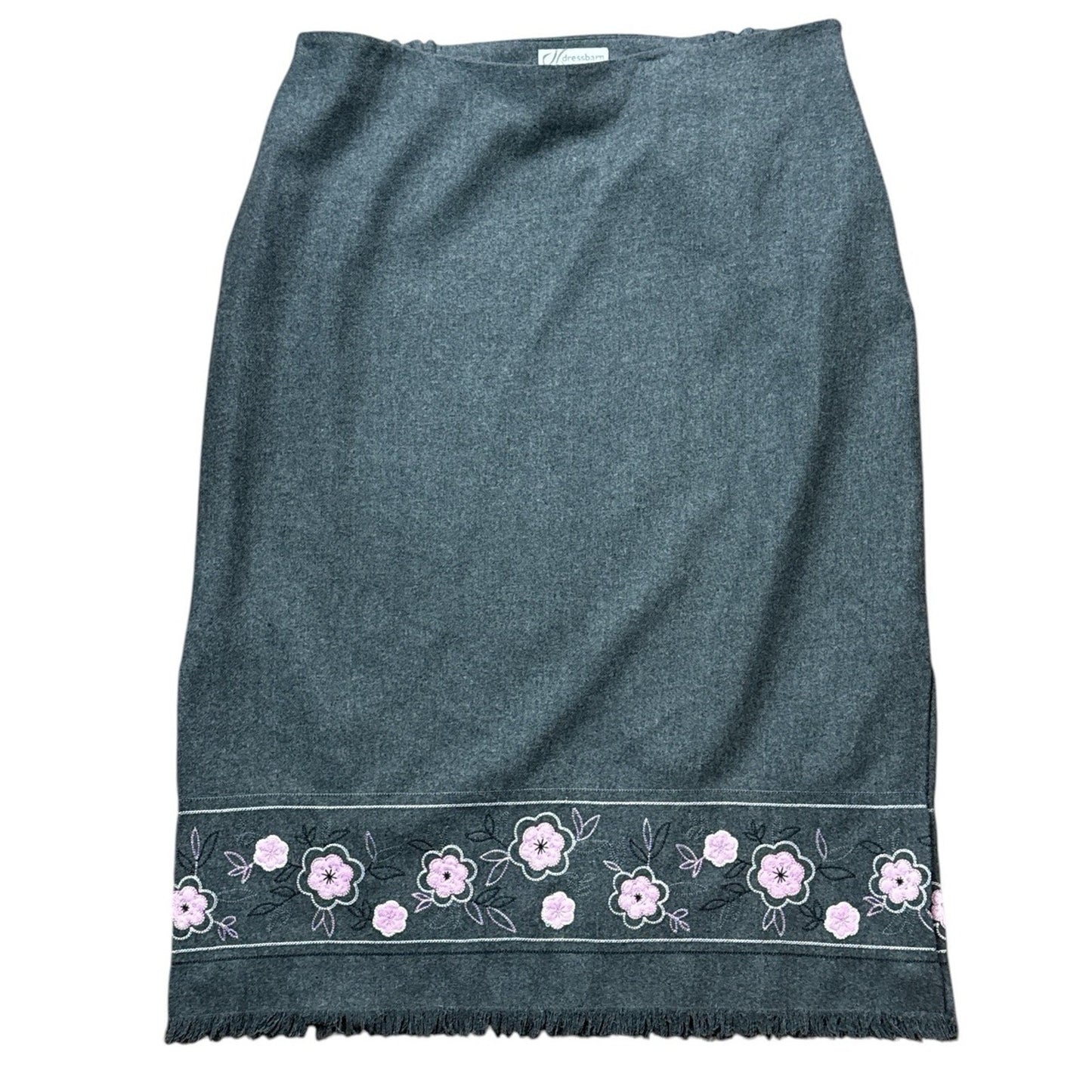 Dressbarn Wool Blend Skirt – Size 18W – Gray with Pink Lavender Embroidery – Fringe Hem