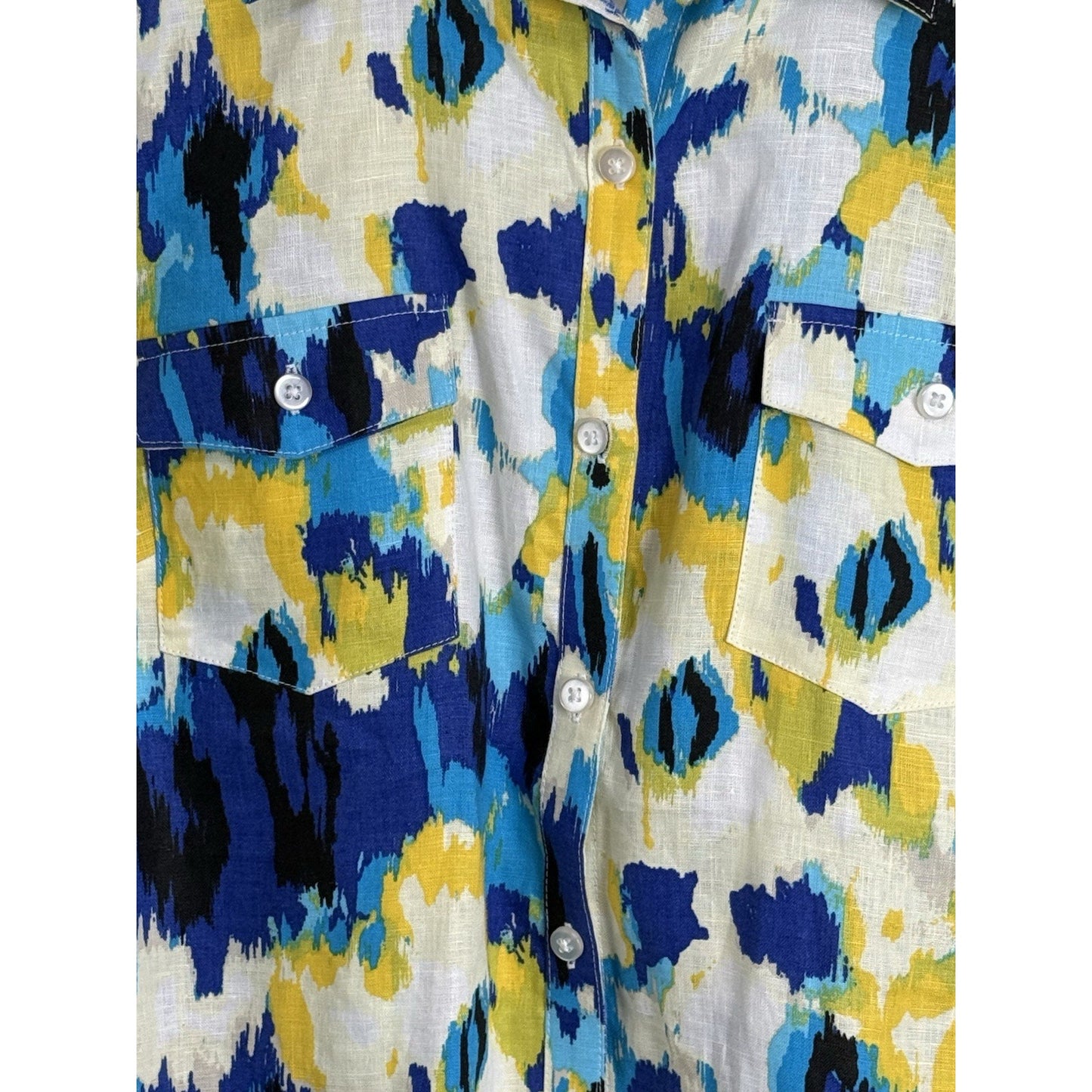 Kim Rogers Women Sz XL 100% Linen Button Front Shirt Blouse Blue Yellow Print
