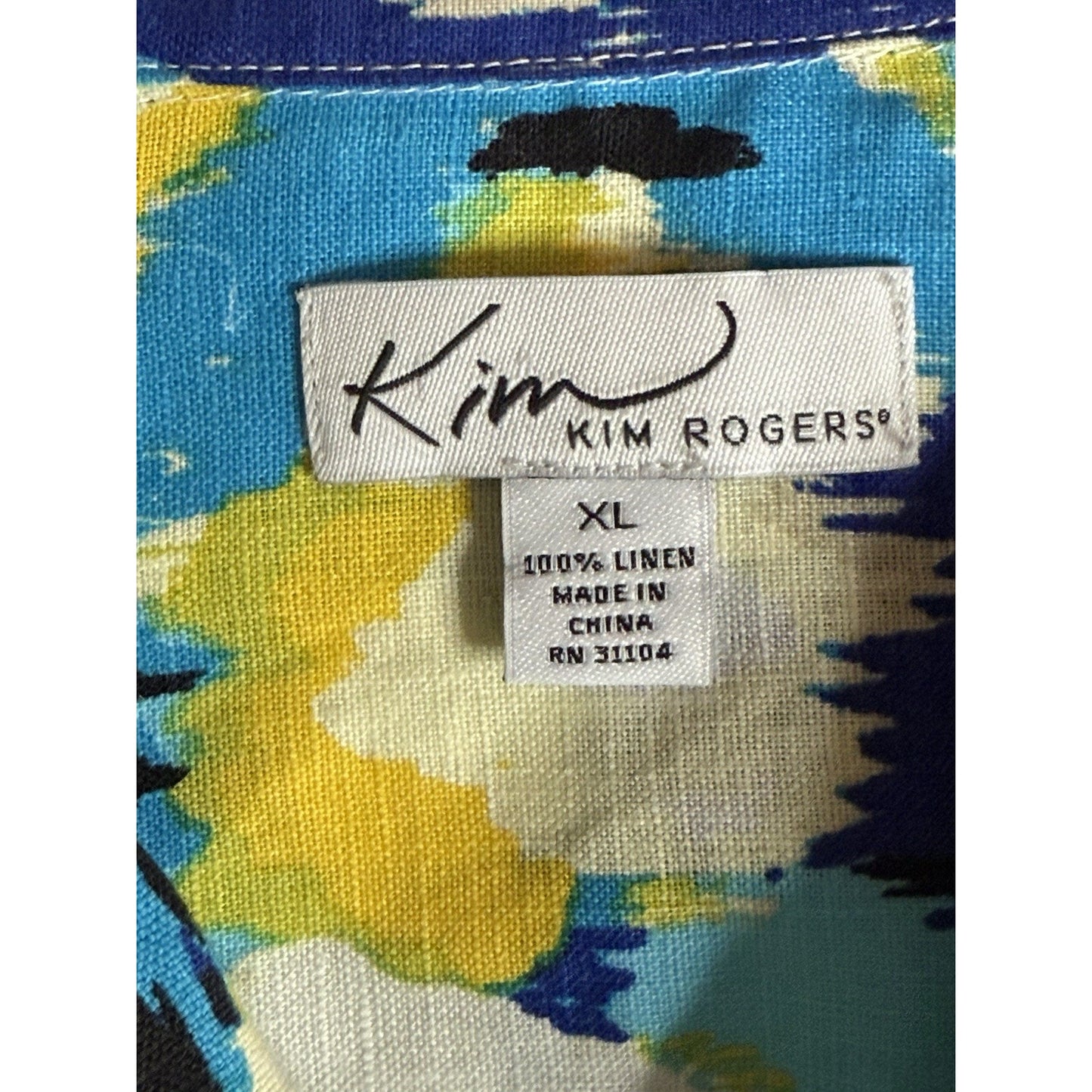 Kim Rogers Women Sz XL 100% Linen Button Front Shirt Blouse Blue Yellow Print