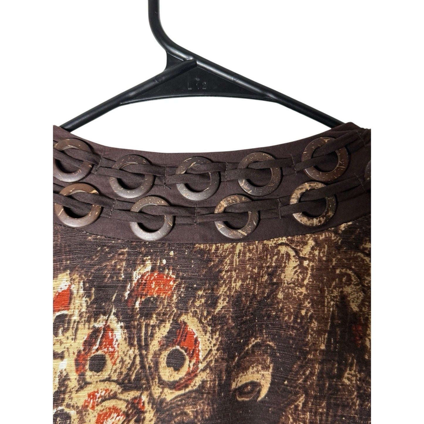Women’s Trenz Silk Blend Jacket M Brown Art Print 3/4 Sleeve Beaded Trim Boho