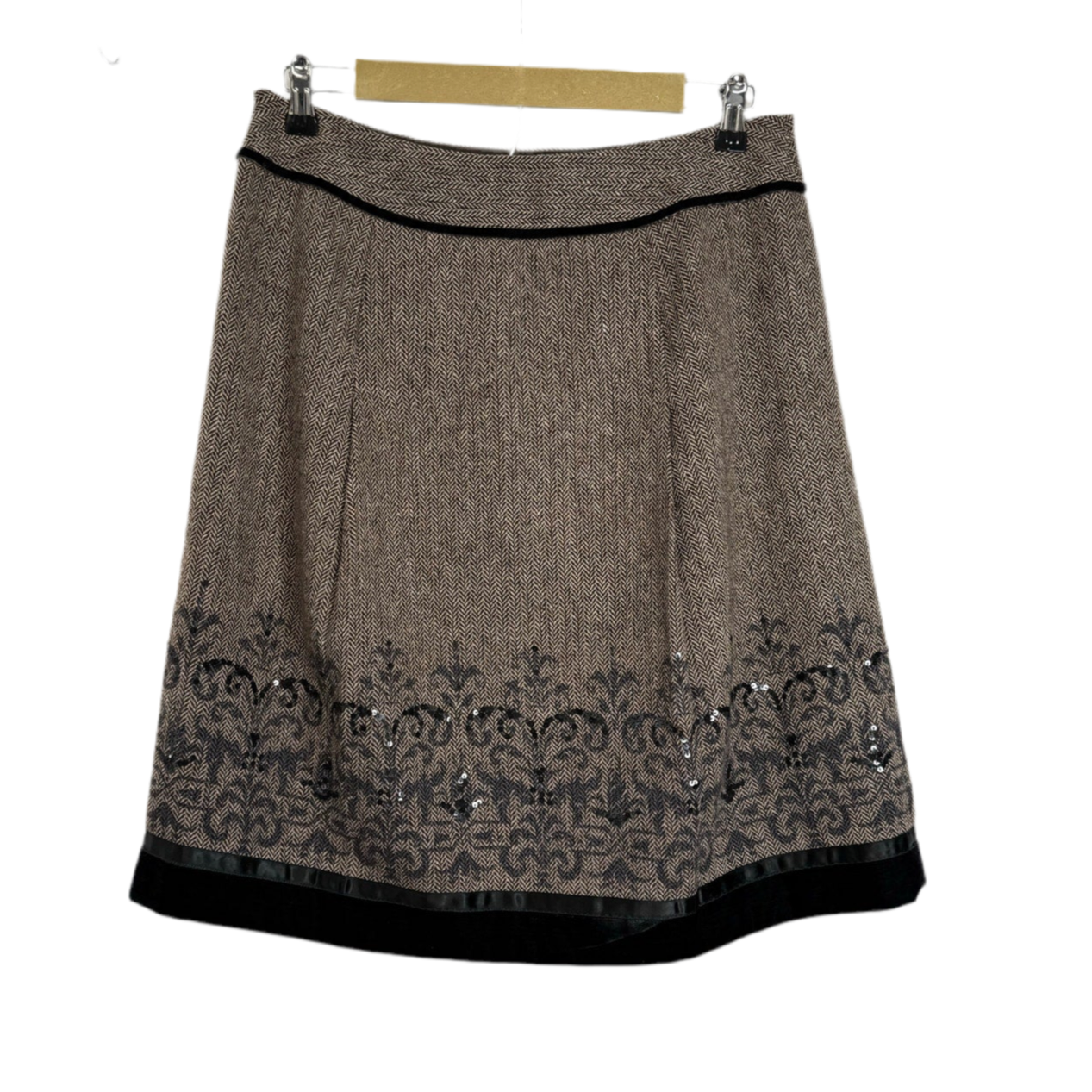 LOFT Petites 8P Wool Blend Skirt Tan Black Embellished A-Line Modest Work