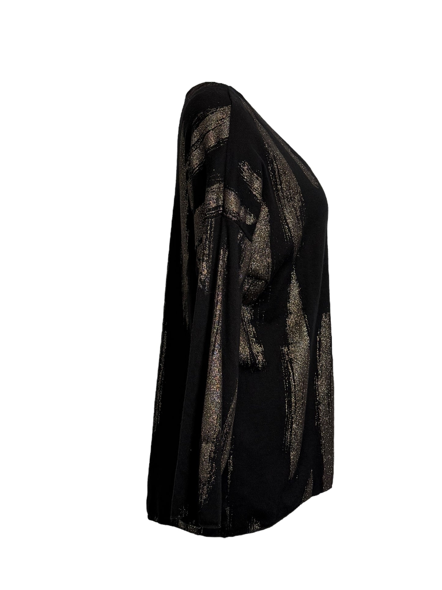 Made in Italy Black Angora Blend Sweater Top with Bronze Brushstroke Print – High Low Pullover