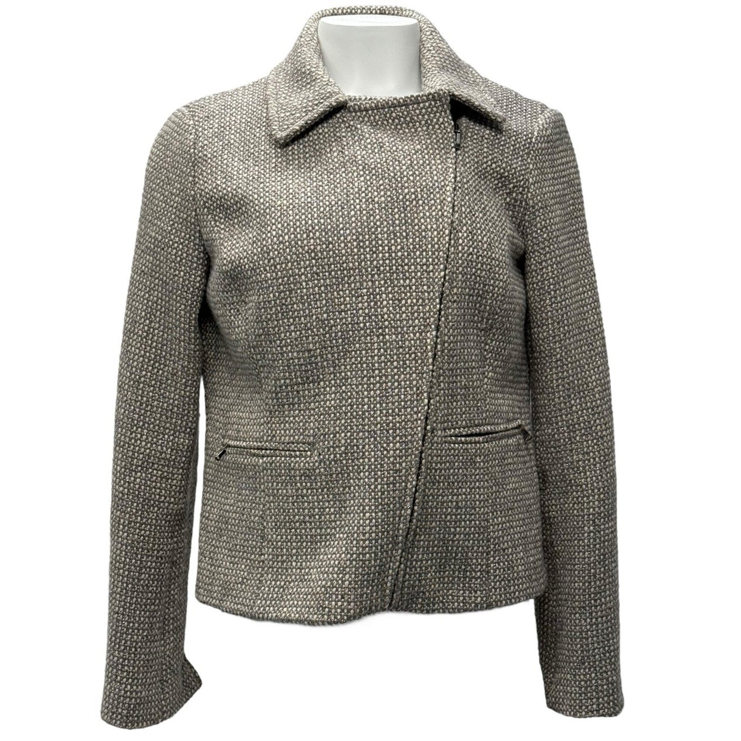 Talbots Women's Tweed Zip Front Moto Jacket Wool Blend Metallic Gray Size 6