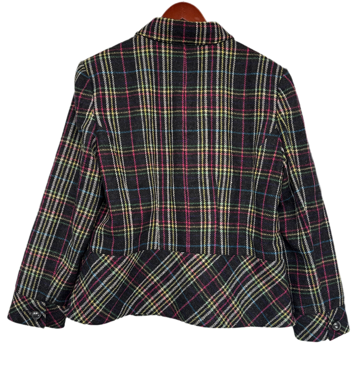 Liz Claiborne Multicolor Plaid Wool Jacket – Size 14W, Pink Lining, Black Buttons