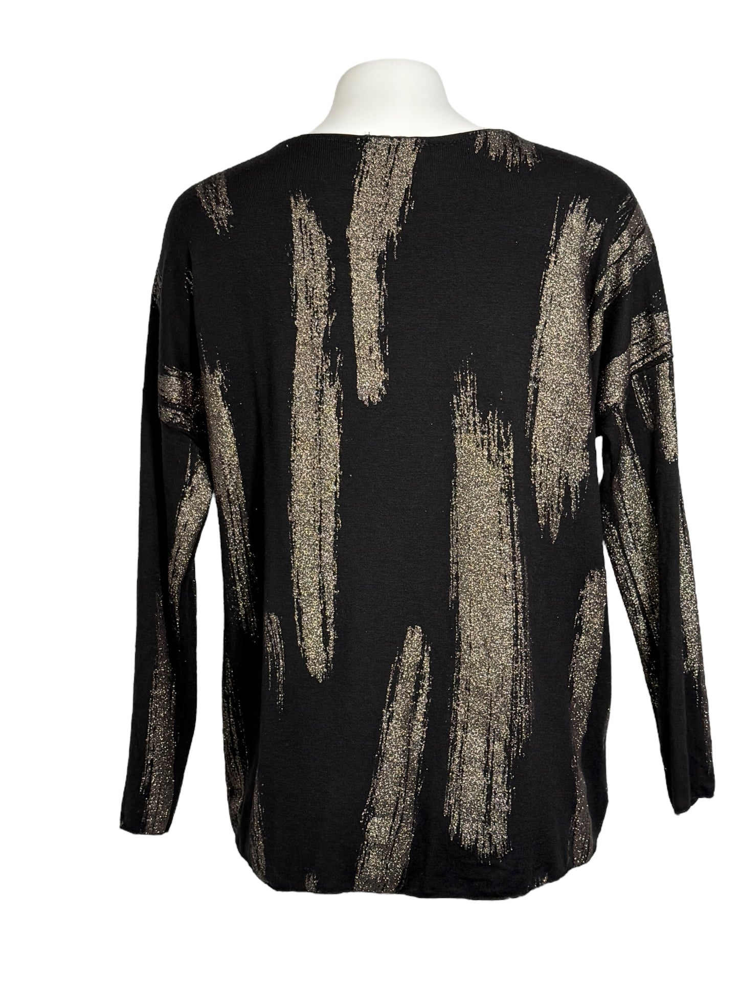 Made in Italy Black Angora Blend Sweater Top with Bronze Brushstroke Print – High Low Pullover
