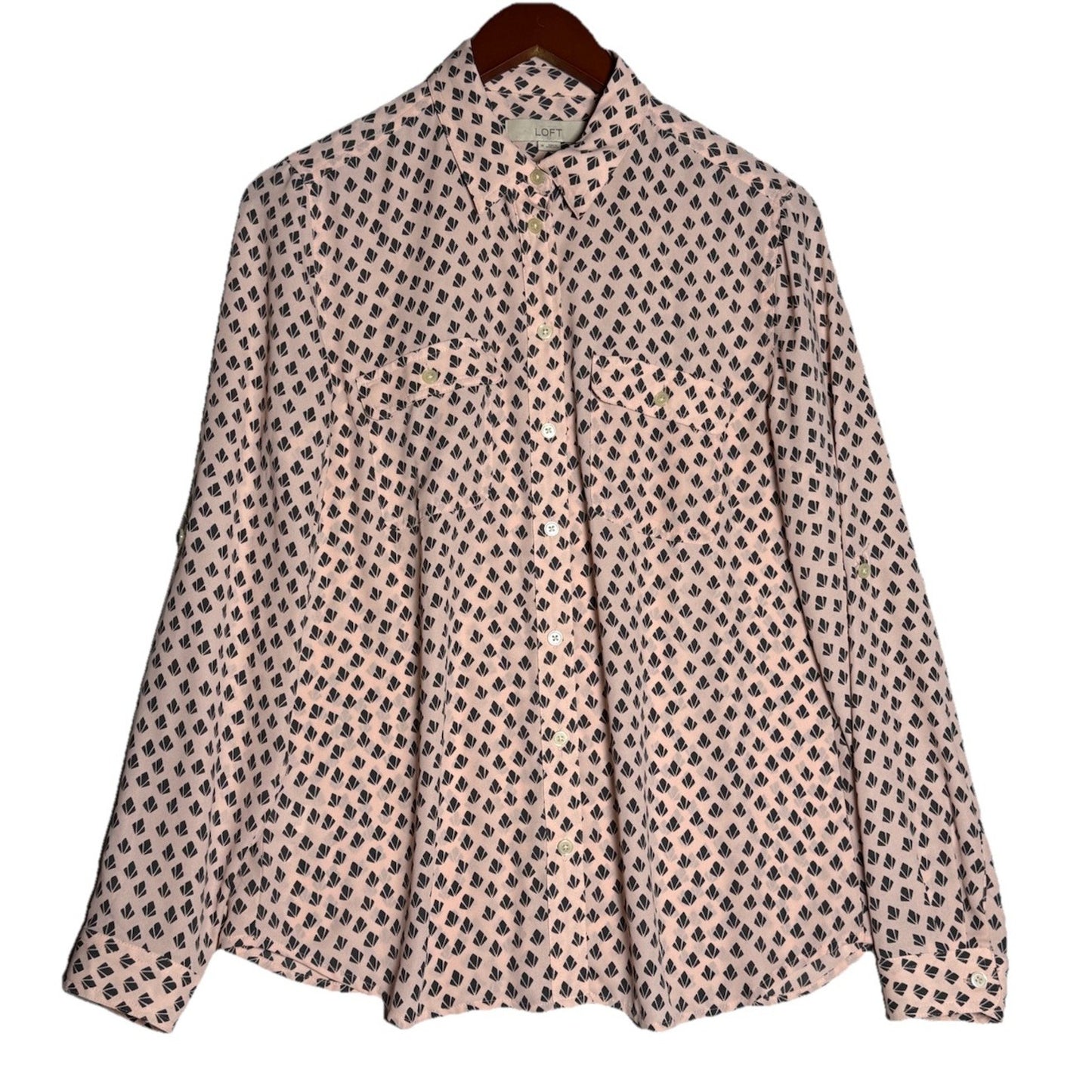 Loft Blush Pink Patterned Button Down Long Sleeve Blouse Women's Size Medium