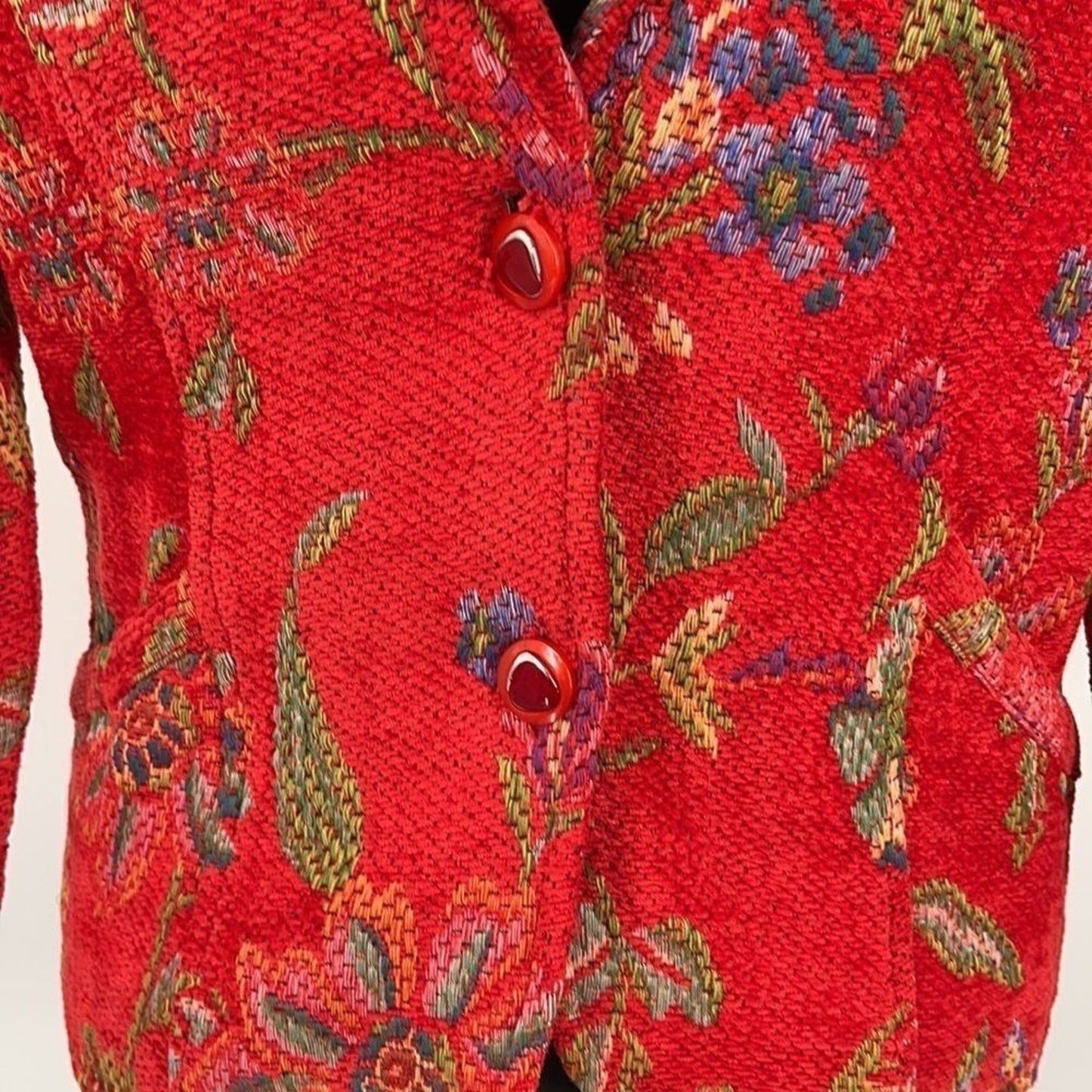 Parsley & Sage Boho Artsy Floral Jacket Red Woven Texture Button Front SZ Small