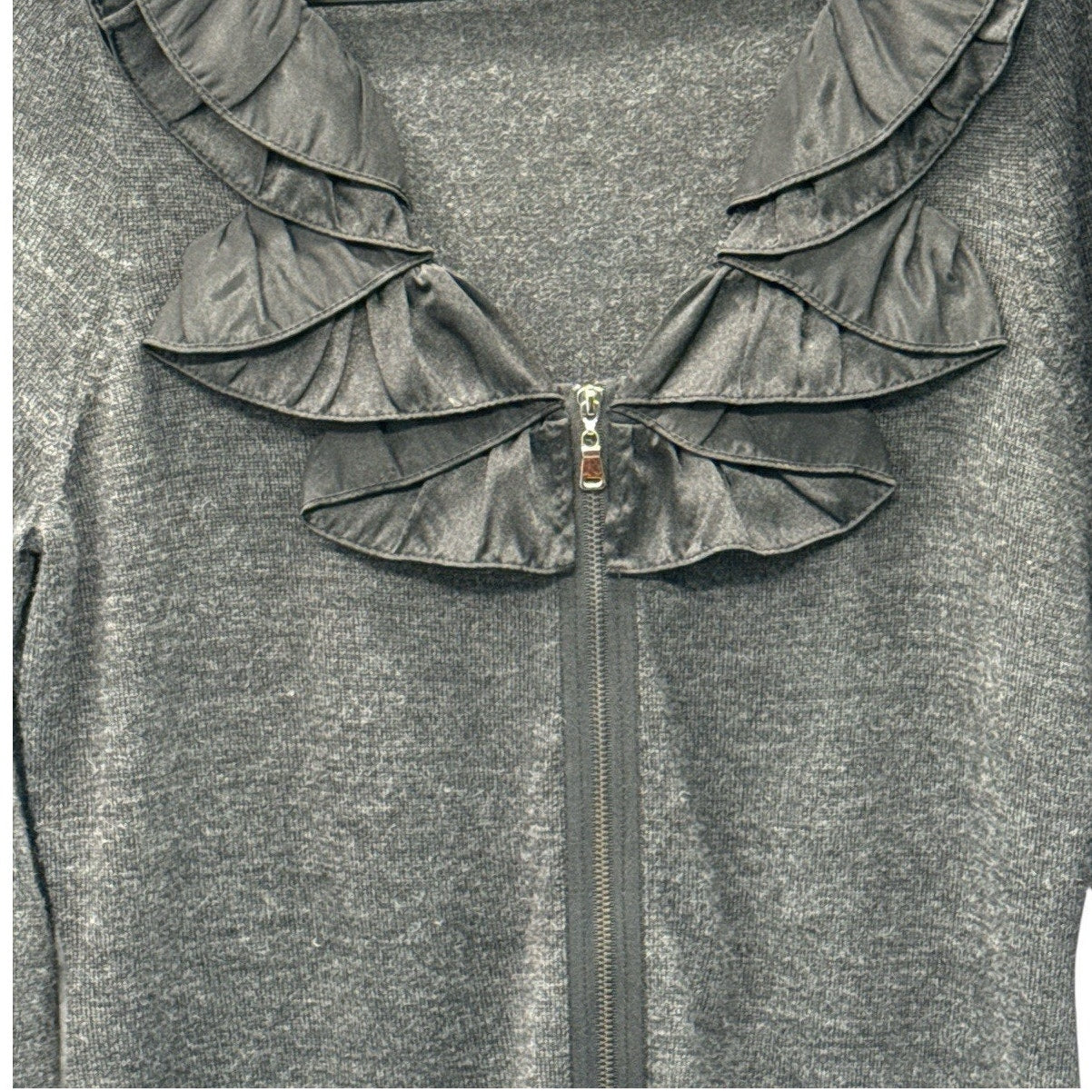 Tahari Cardigan Size S Black Ruffle Collar Zip Front LS Sweater Wool Blend
