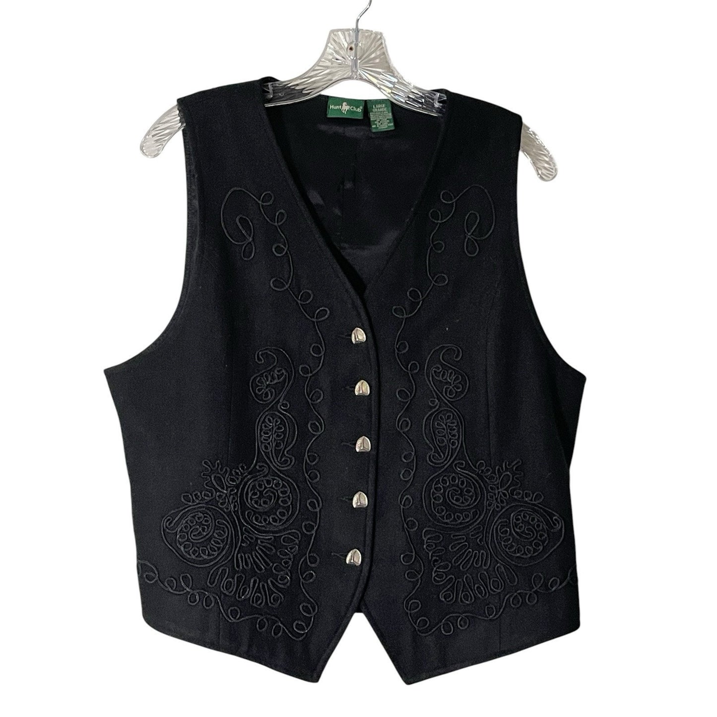 Hunt Club Women Black Embroidered Wool Blend Button Front Vest Western Sz Large