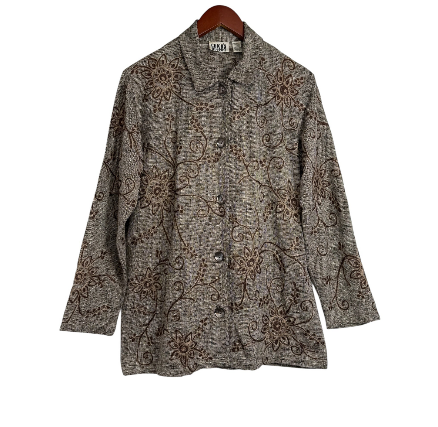 Chico’s Silk Blend Brown Embroidered Button Jacket – Floral Boho Style – Size 0