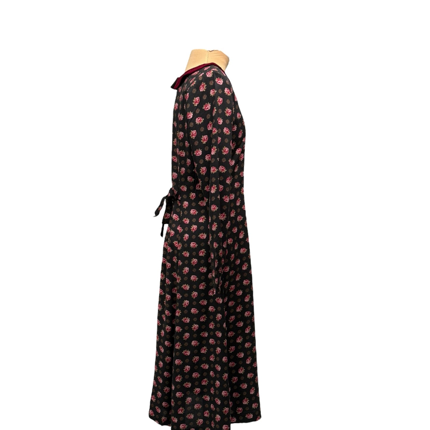 Vintage Maria Casero Black Rose Midi Dress with Velvet Collar – Made in USA – 14P