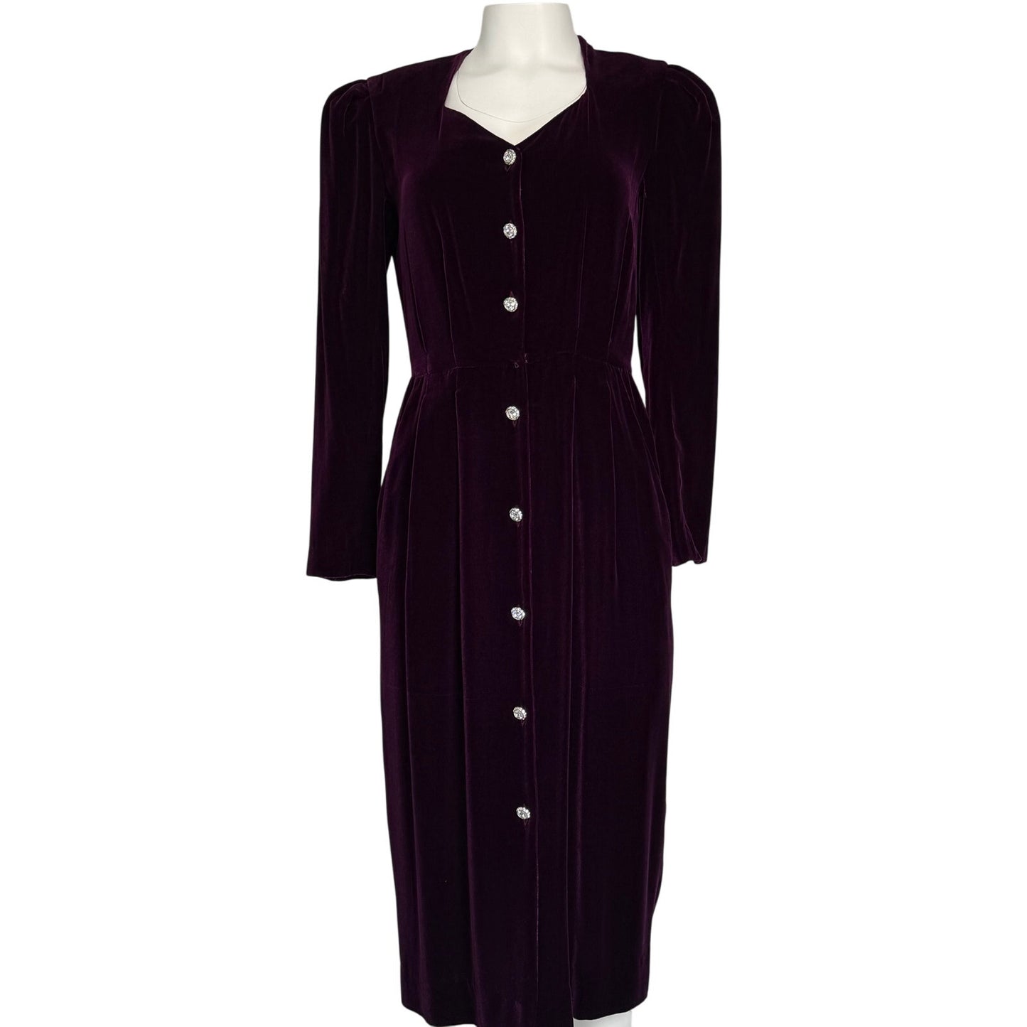Vintage Liz Claiborne Purple Rayon Silk Midi Dress Rhinestone Buttons Pockets V-Neck M
