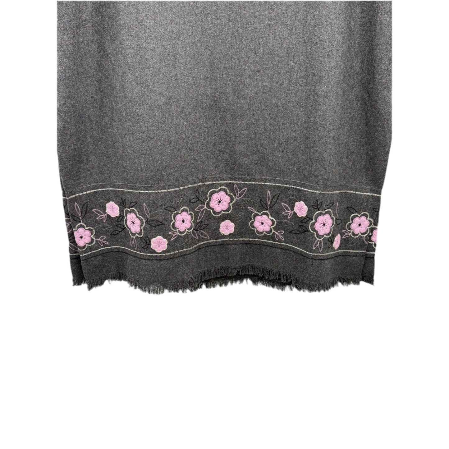 Dressbarn Wool Blend Skirt – Size 18W – Gray with Pink Lavender Embroidery – Fringe Hem
