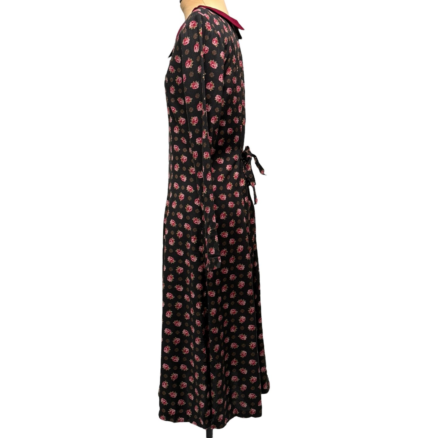 Vintage Maria Casero Black Rose Midi Dress with Velvet Collar – Made in USA – 14P