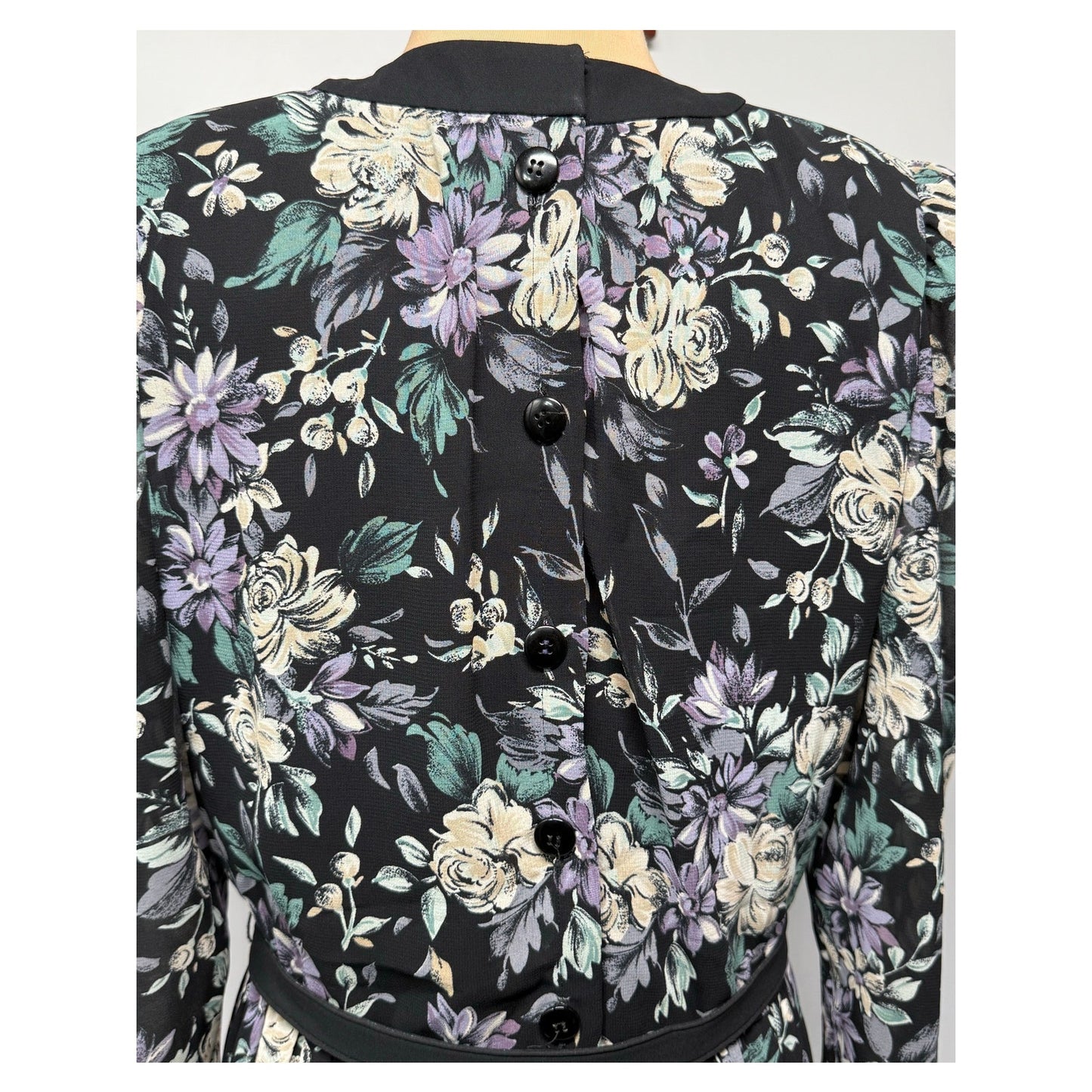 Vintage Donna Morgan NSP Black Floral Midi Dress w/ Bow Neck & Belt – S/P