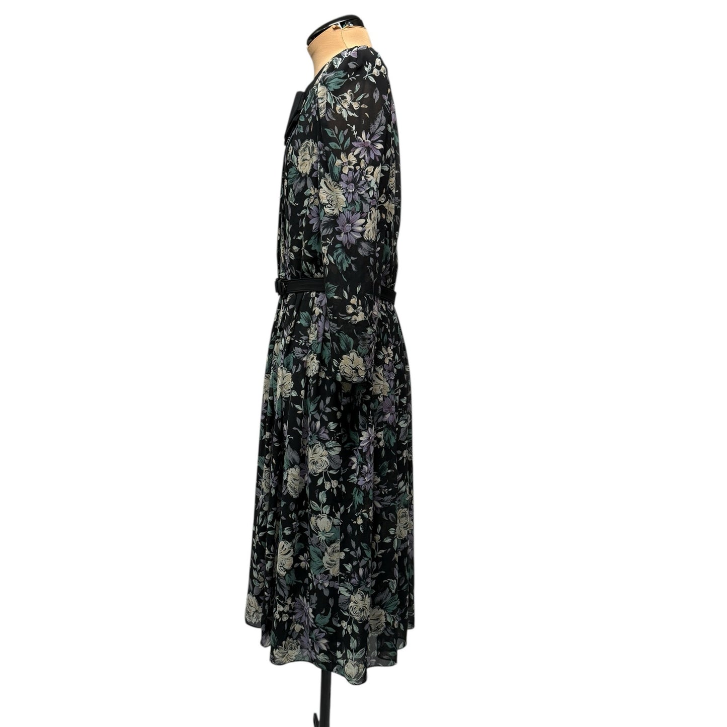 Vintage Donna Morgan NSP Black Floral Midi Dress w/ Bow Neck & Belt – S/P