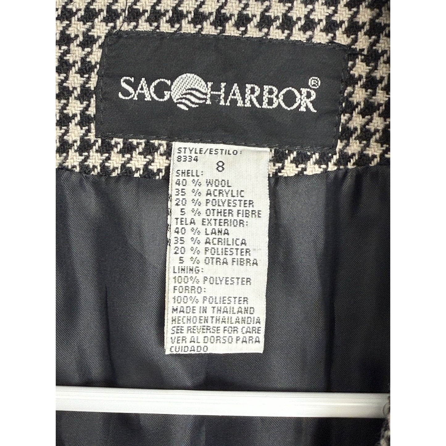 Vintage Women’s Sag Harbor Wool Blend Blazer Jacket Sz 8 Black White Houndstooth
