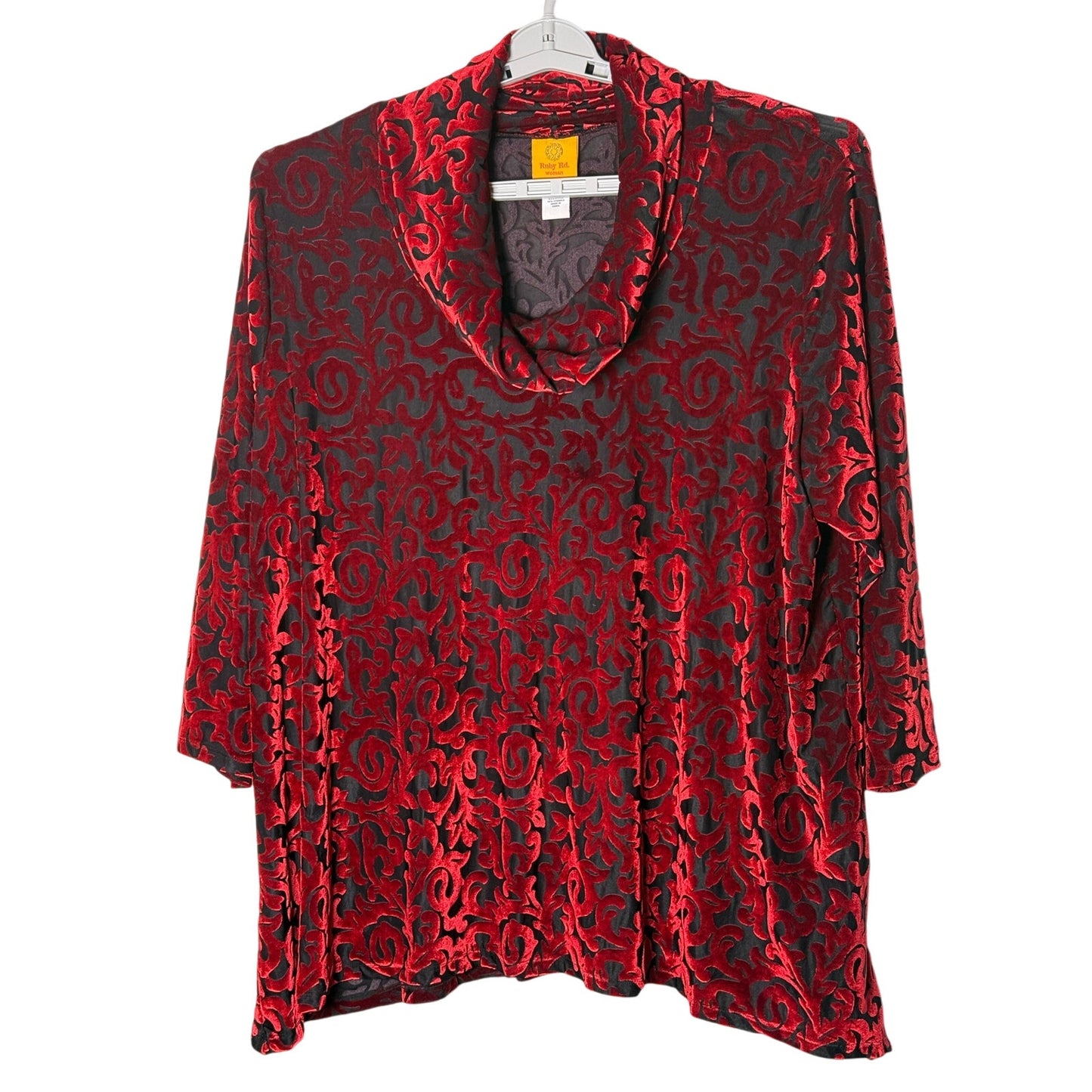 Ruby Rd. Woman 3X Red Black Burnout Velvet Cowl Neck Top Stretch Holiday Blouse