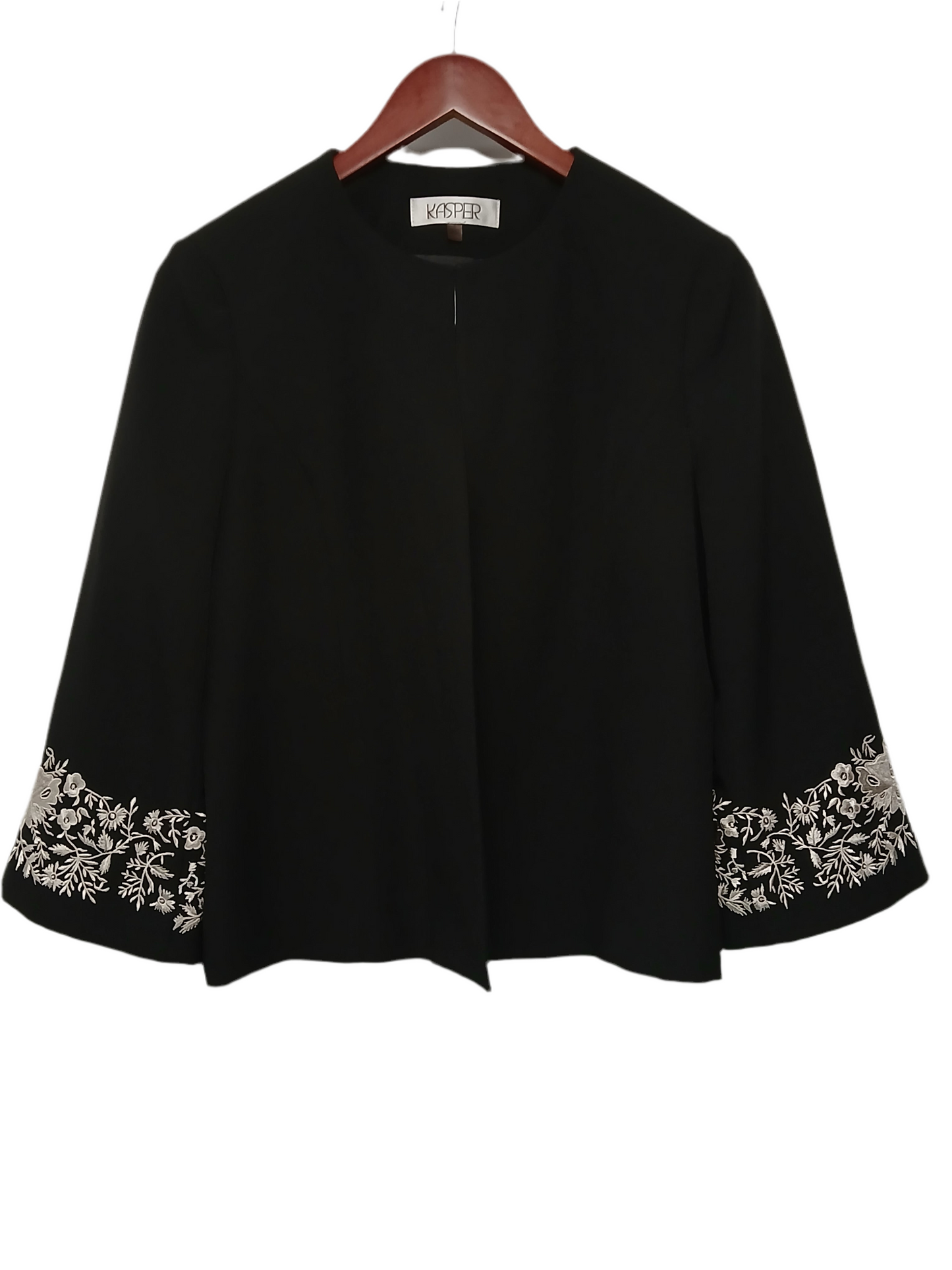 Kasper Black Open Front Blazer Sz 8 Embroidered Cuff Detail Career Jacket