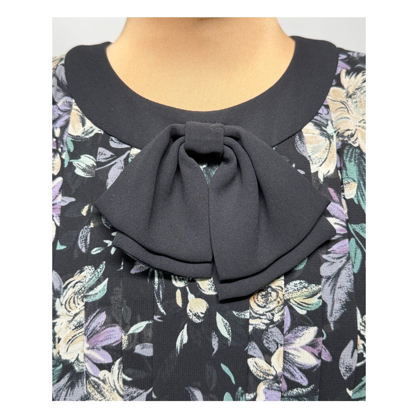 Vintage Donna Morgan NSP Black Floral Midi Dress w/ Bow Neck & Belt – S/P