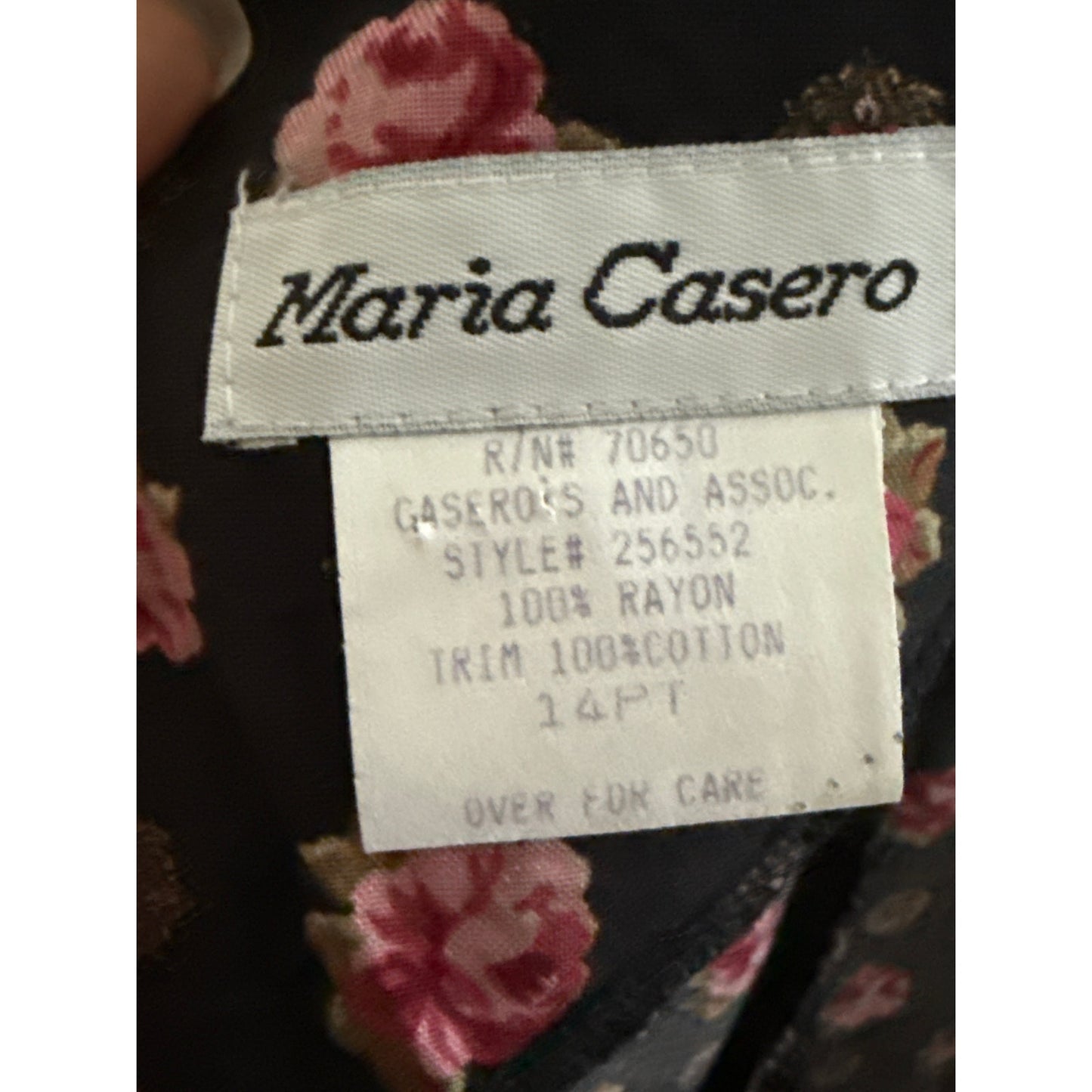 Vintage Maria Casero Black Rose Midi Dress with Velvet Collar – Made in USA – 14P