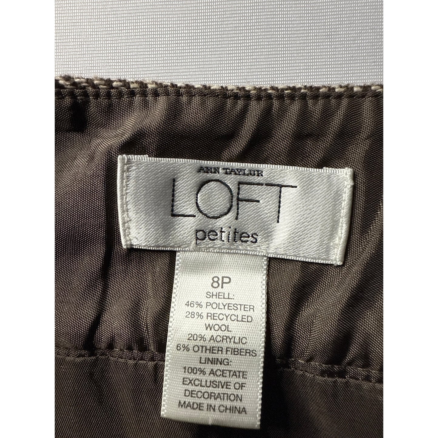 LOFT Petites 8P Wool Blend Skirt Tan Black Embellished A-Line Modest Work