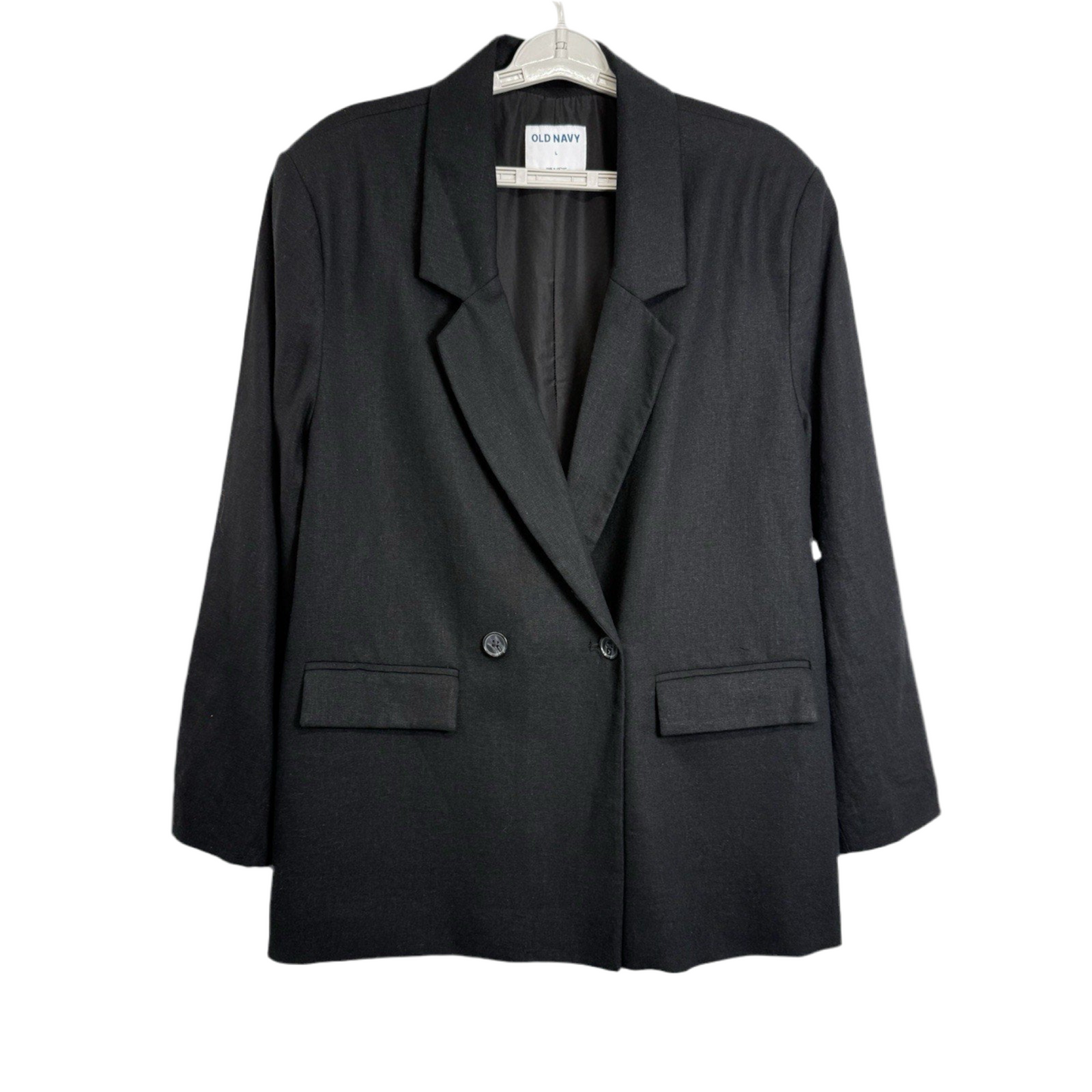 Old Navy Women’s Black Linen Blend Blazer Jacket L Double Breasted Classic Look