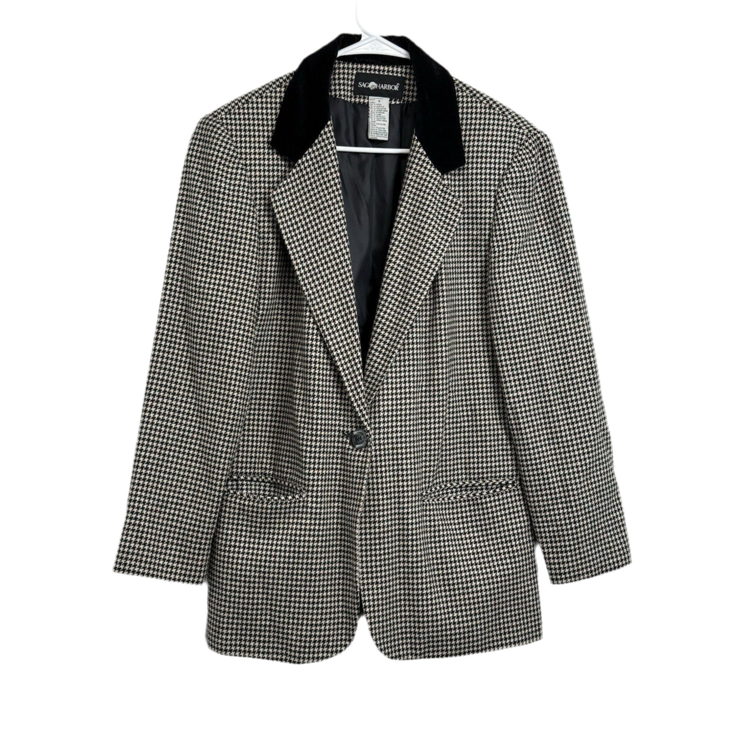 Vintage Women’s Sag Harbor Wool Blend Blazer Jacket Sz 8 Black White Houndstooth
