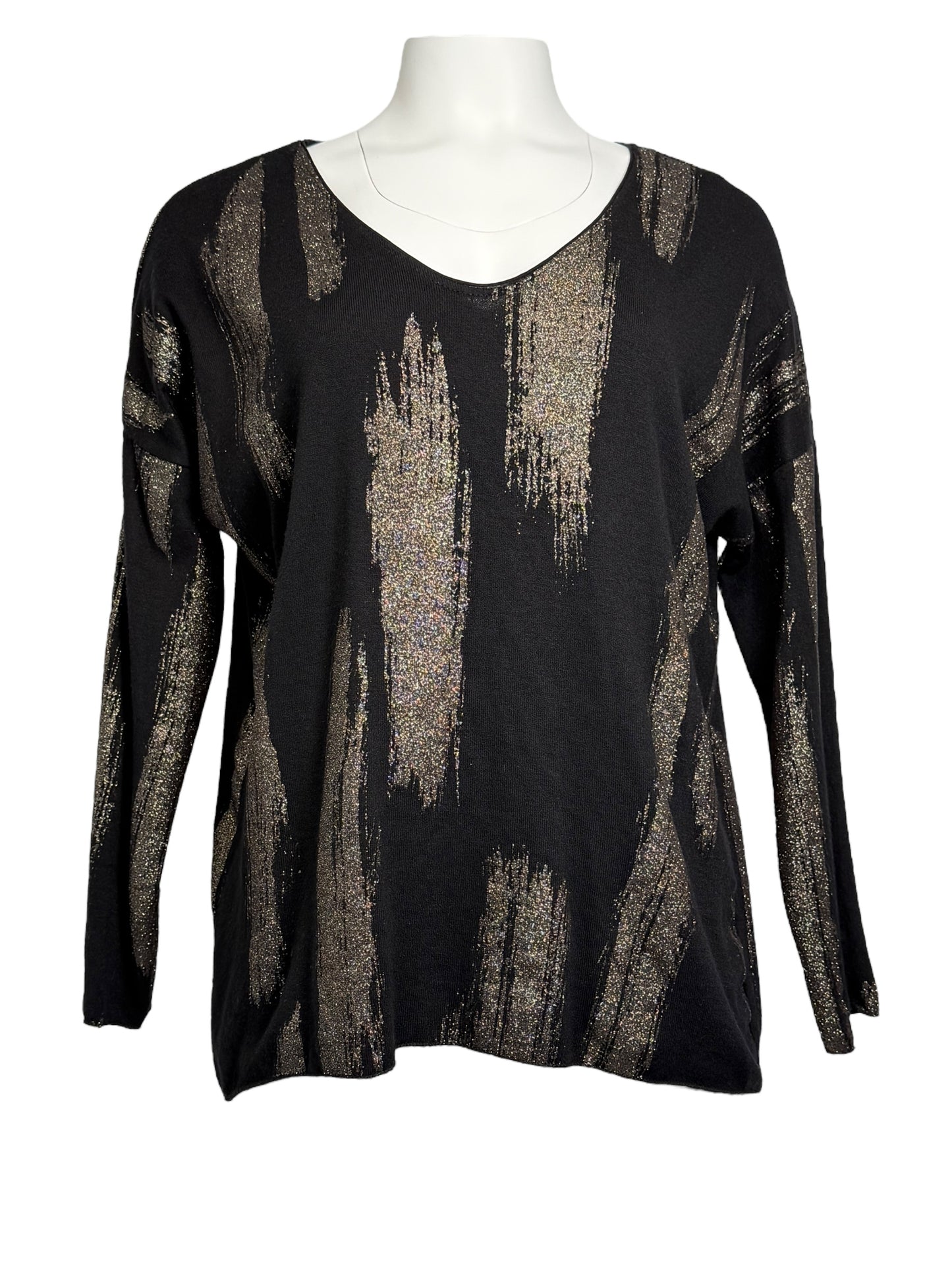 Made in Italy Black Angora Blend Sweater Top with Bronze Brushstroke Print – High Low Pullover