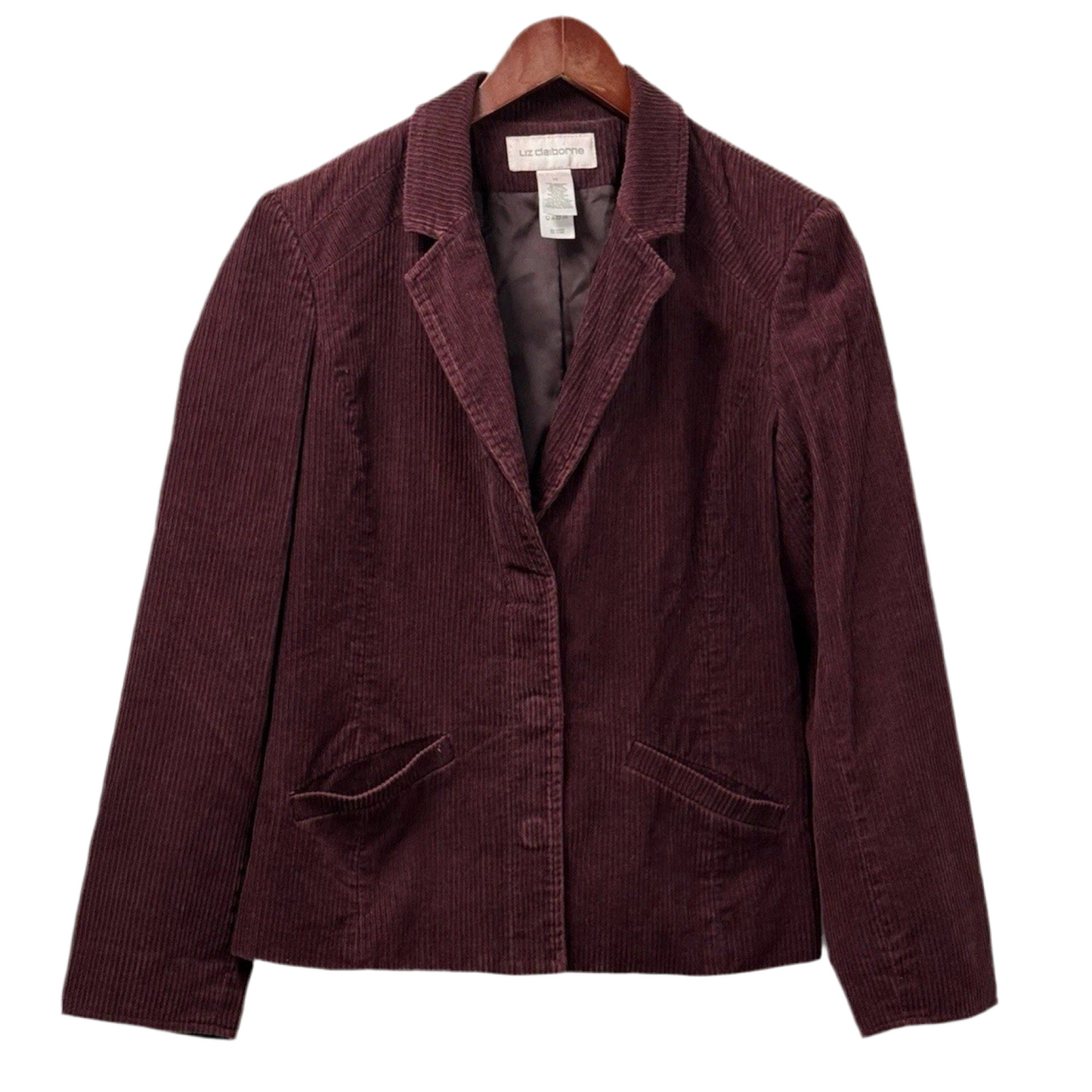 Women Liz Claiborne Corduroy Blazer Jacket Size 10 Burgundy Lined Cotton Casual