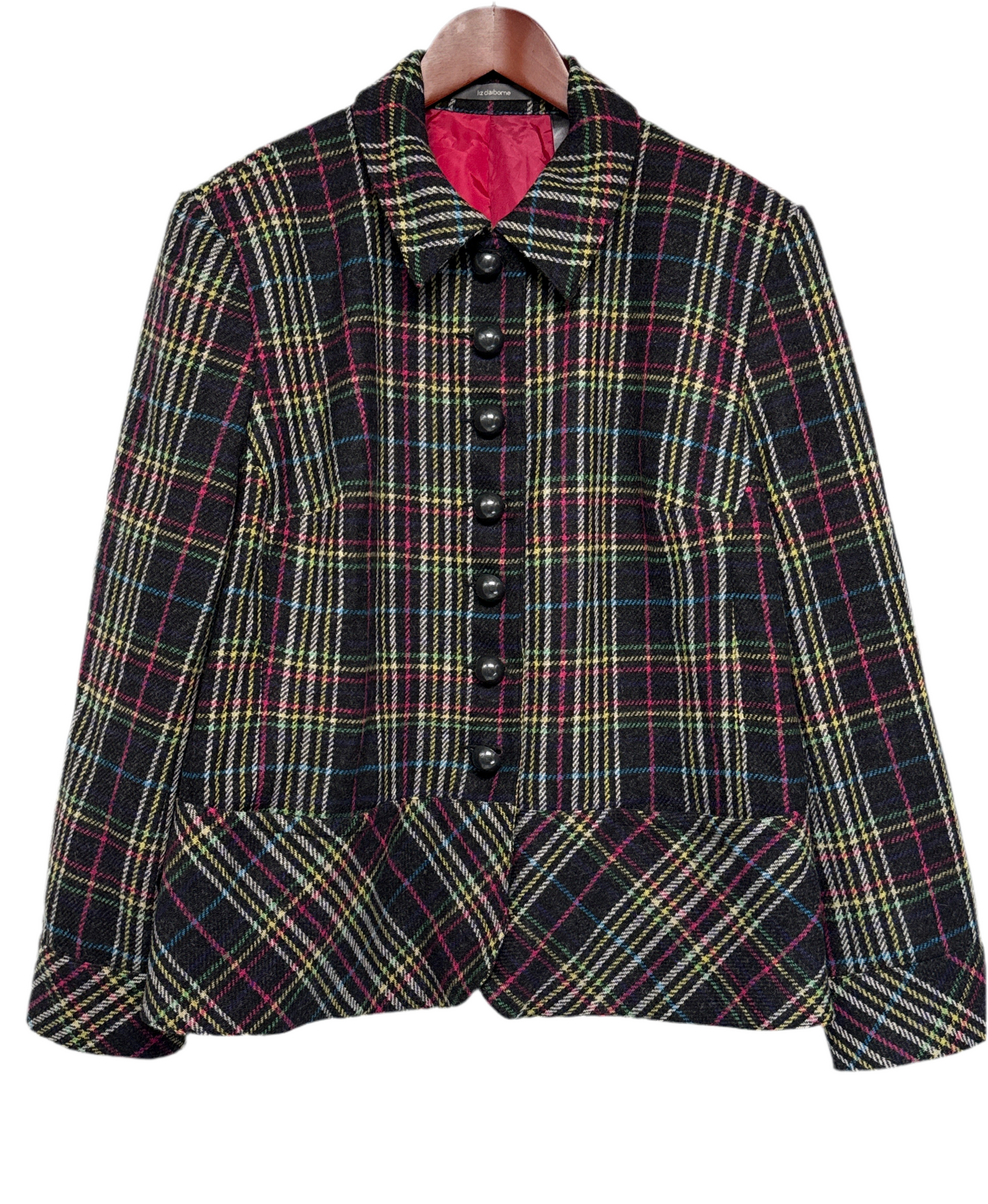 Liz Claiborne Multicolor Plaid Wool Jacket – Size 14W, Pink Lining, Black Buttons