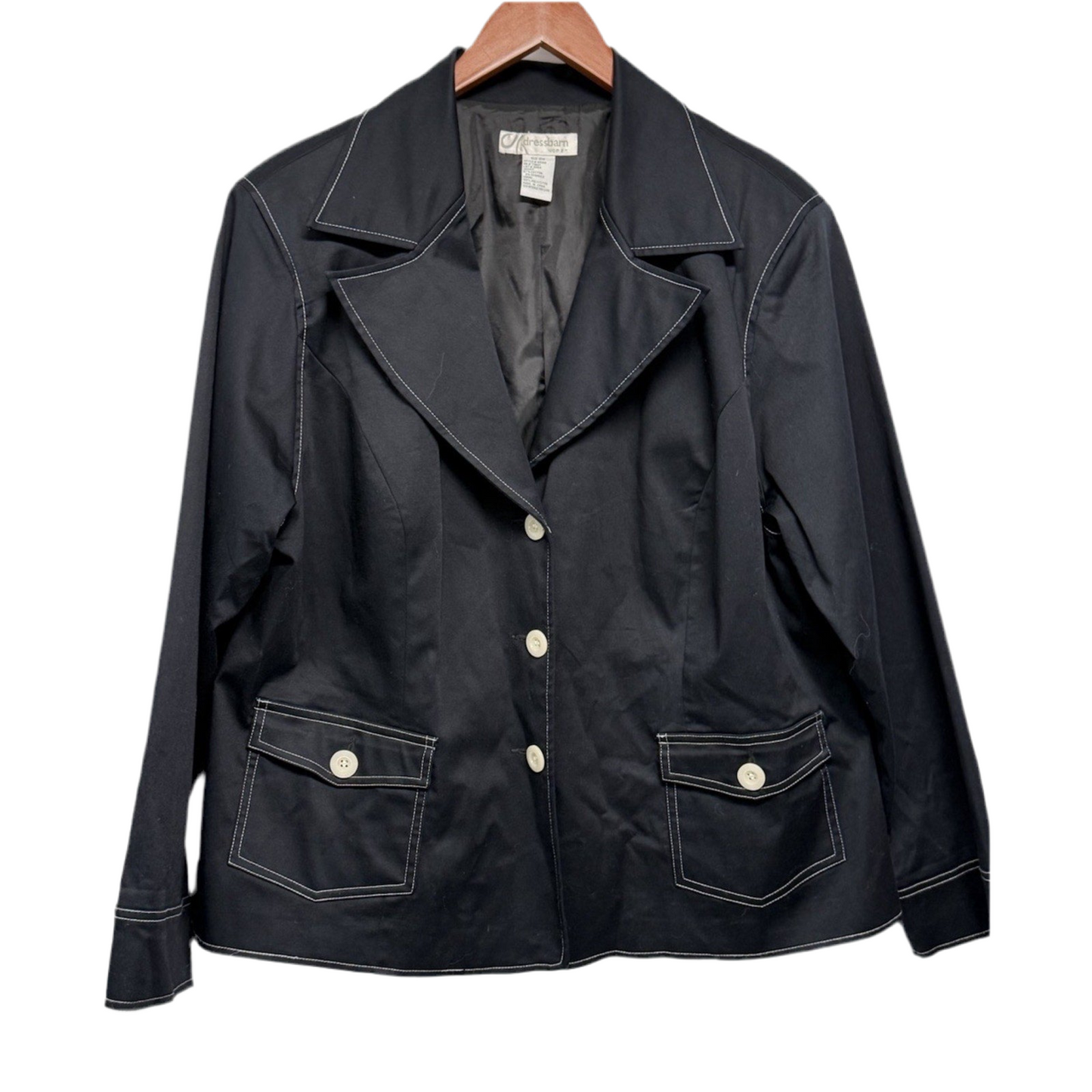 Dressbarn Woman Black Button Front Blazer Jacket Size 18W White Contrast Stitch