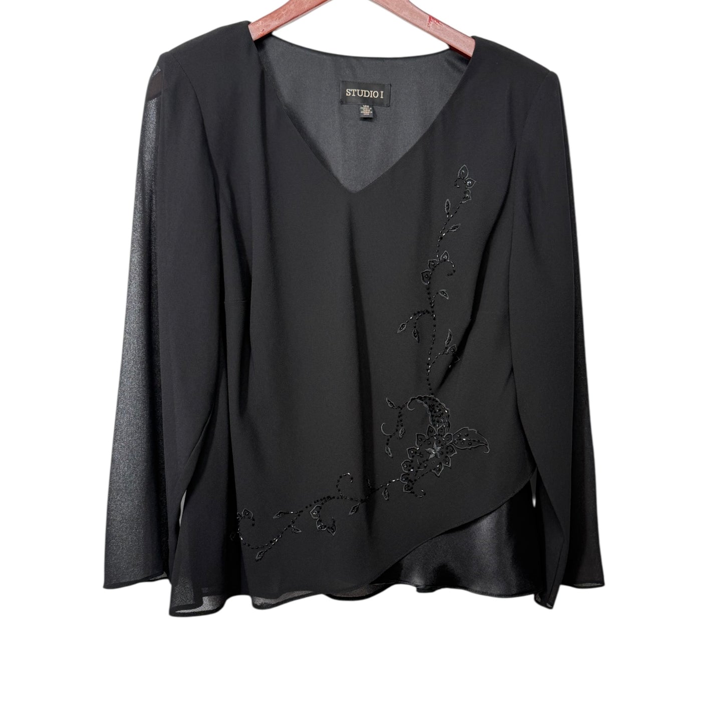 Studio I Black Beaded Asymmetrical Hem Blouse 14W – Sheer Sleeves, Lined, Plus Size