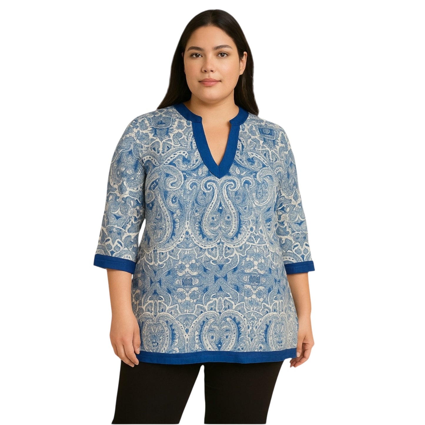 100% Linen Brooks Brothers 346 Blouse Tunic Women’s Top Sz Large , Blue Paisley