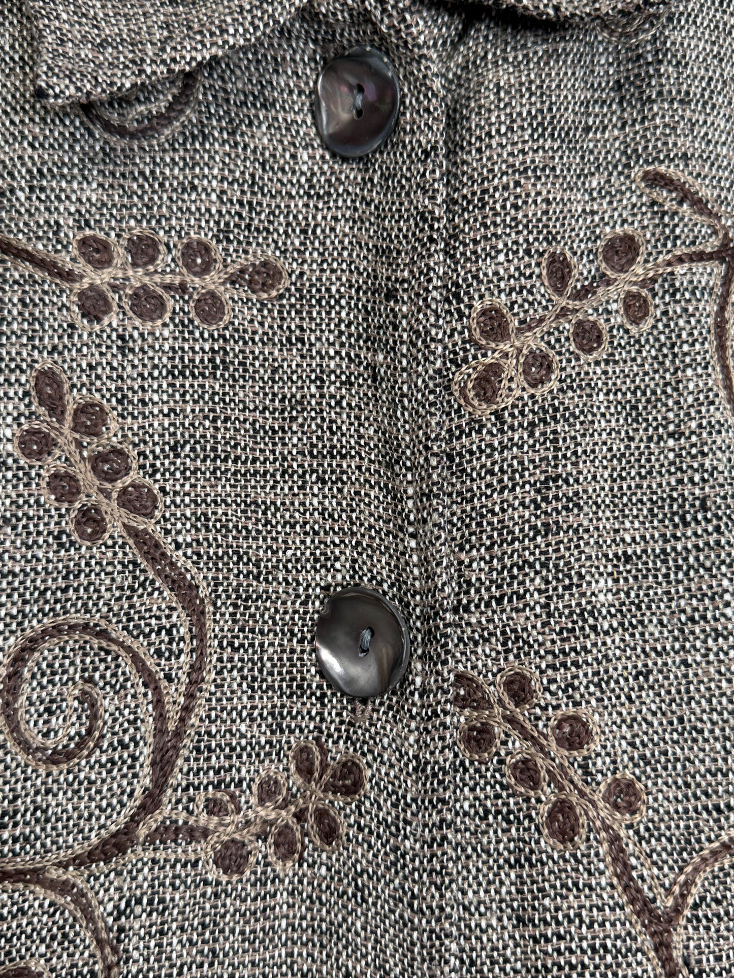 Chico’s Silk Blend Brown Embroidered Button Jacket – Floral Boho Style – Size 0