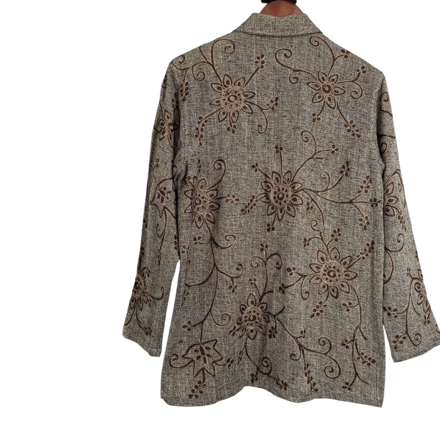 Chico’s Silk Blend Brown Embroidered Button Jacket – Floral Boho Style – Size 0