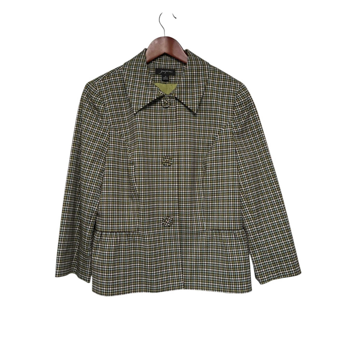JOSEPHINE Blue Green Plaid Peplum Jacket – Size 14, Covered Buttons, Fully Lined