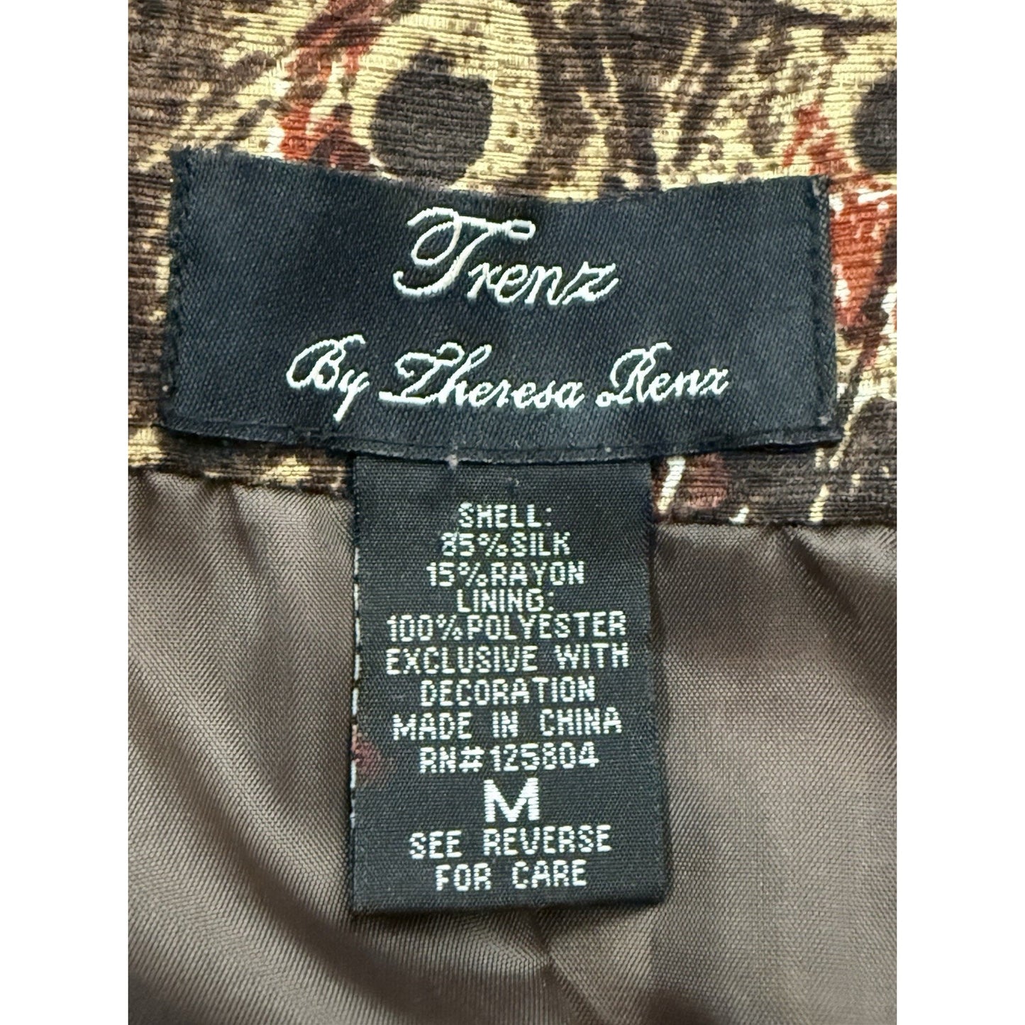 Women’s Trenz Silk Blend Jacket M Brown Art Print 3/4 Sleeve Beaded Trim Boho