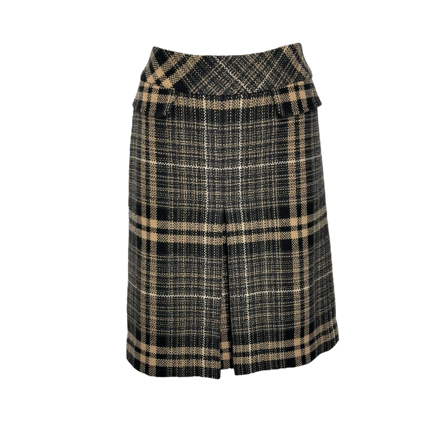 Ann Taylor Wool-Blend Plaid Skirt – Black & Camel, Size 6