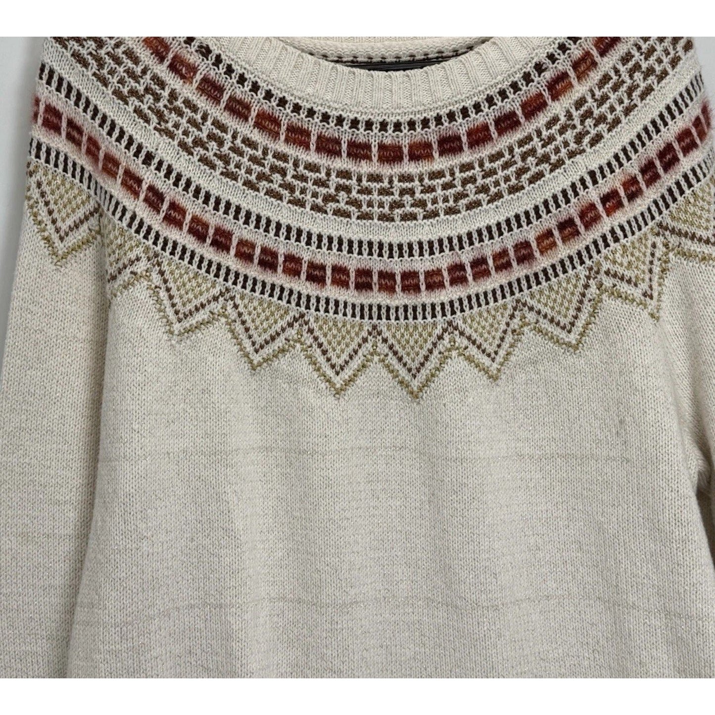 LOFT Fair Isle Knit Sweater XL Cream Brown Pullover Winter Holiday Cozy Warm