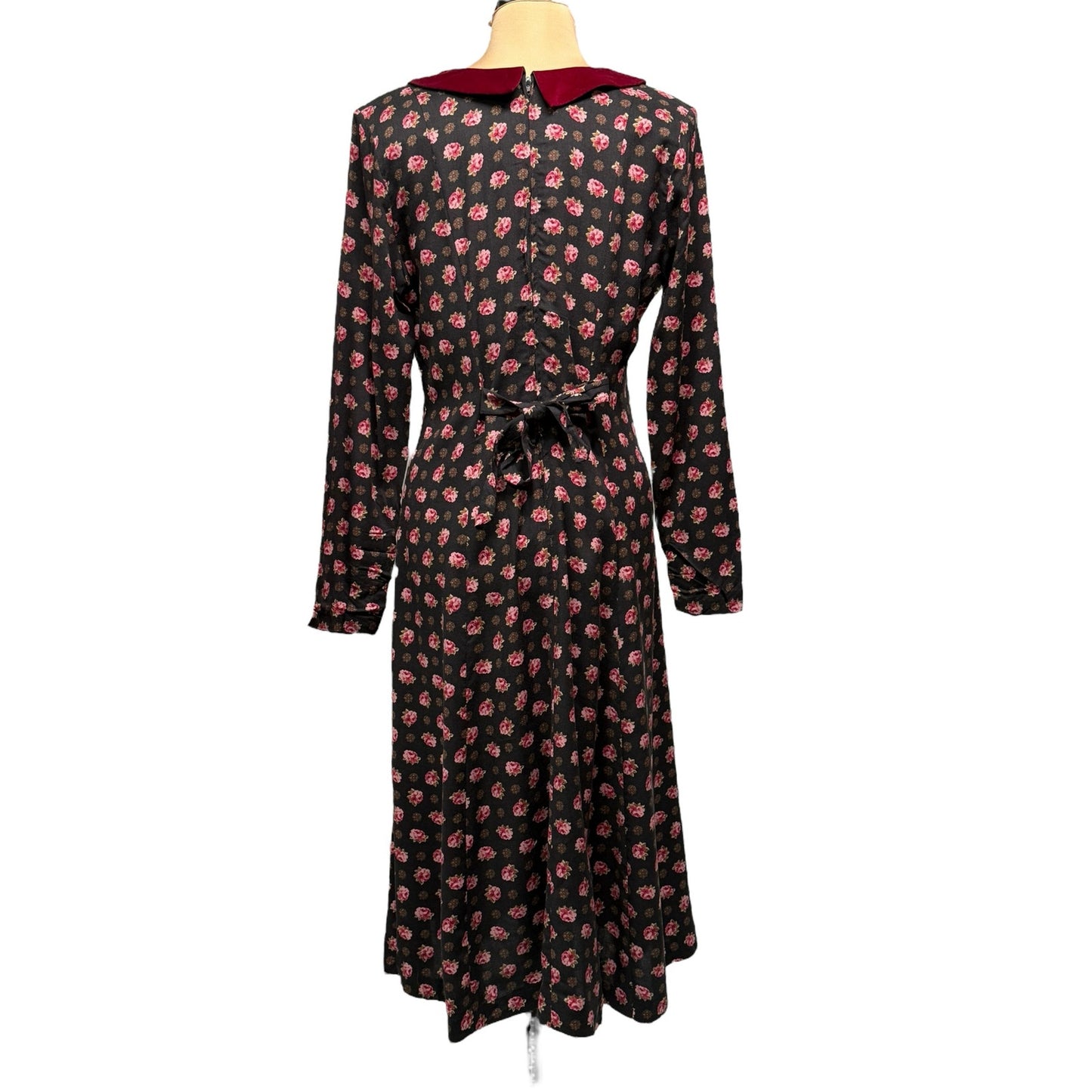 Vintage Maria Casero Black Rose Midi Dress with Velvet Collar – Made in USA – 14P